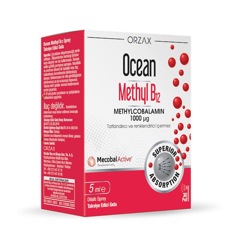 Orzax Ocean 1000 mg Methyl Cobalamin B12 Sprey 5 ml