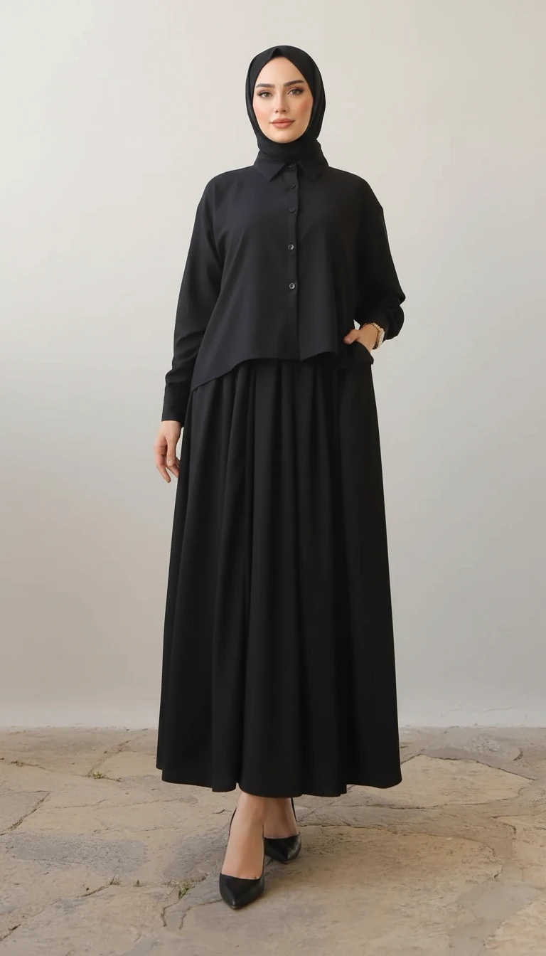 Kadın Tesettür Bürümcük Gömlek Etek Takım image
