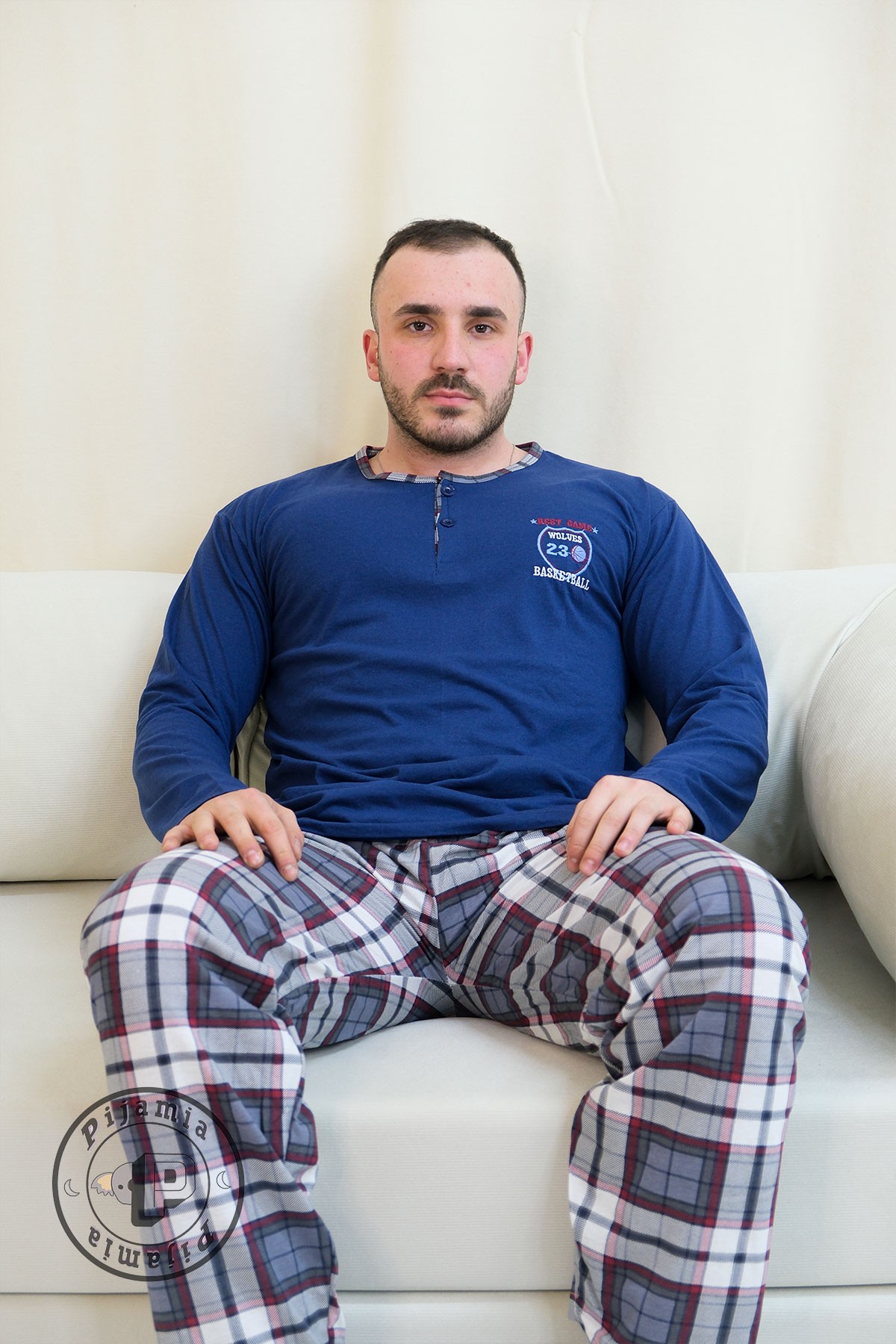 MAVİ EKOSE DESENLİ DÜĞMELİ UZUN KOL ERKEK PİJAMA TAKIMI
