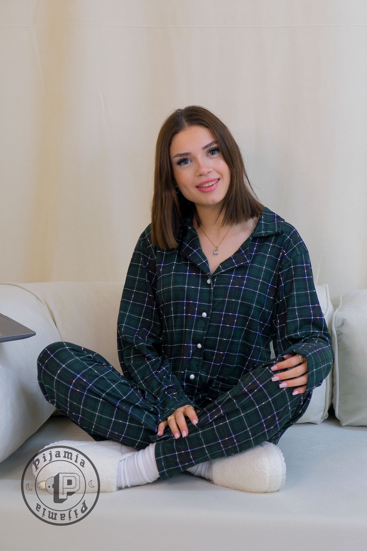 YEŞİLLİ EKOSE DESENLİ DÜĞMELİ UZUN KOL KADIN PİJAMA TAKIMI