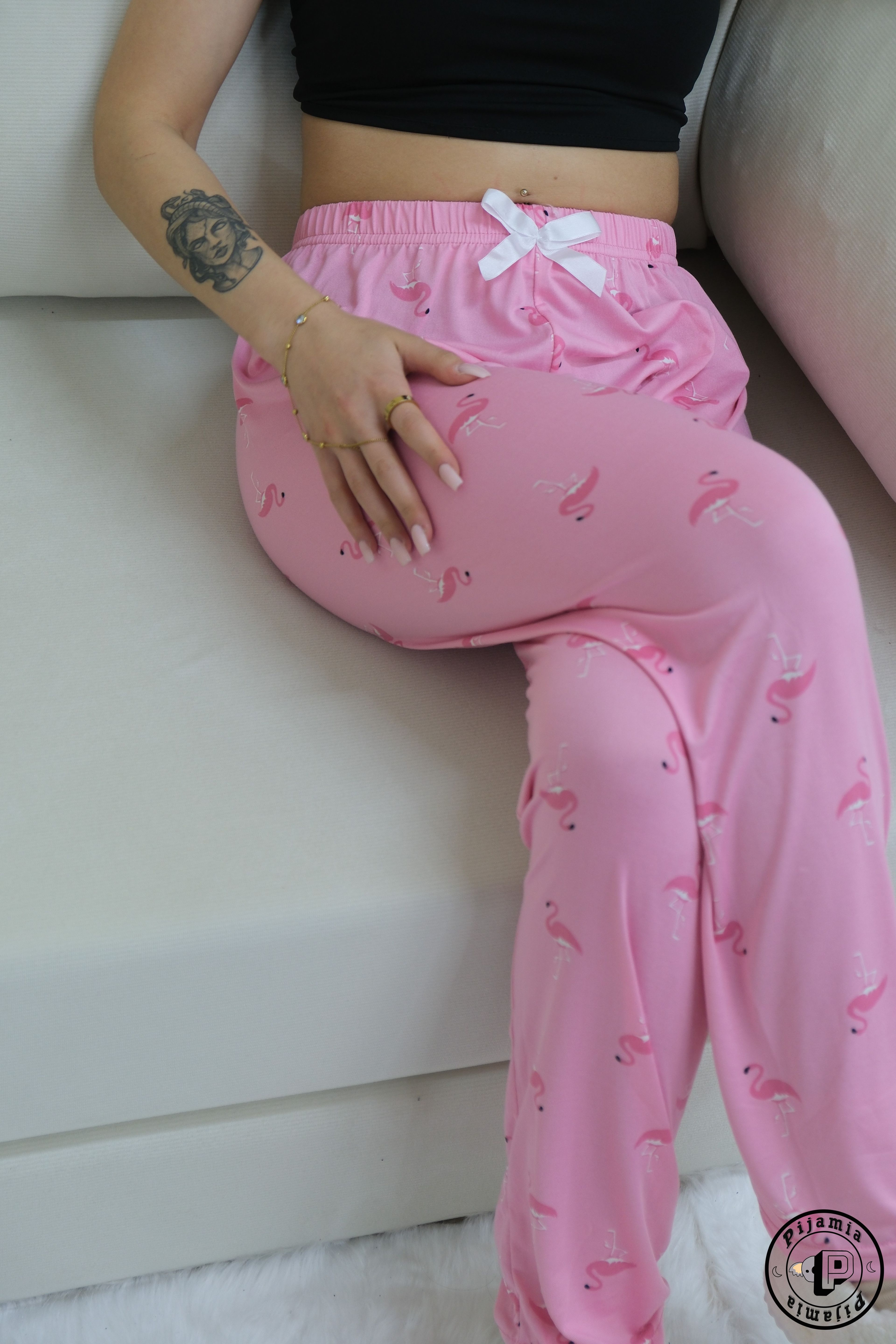 PEMBE PELİKAN DESENLİ UZUN KADIN PİJAMA ALTI
