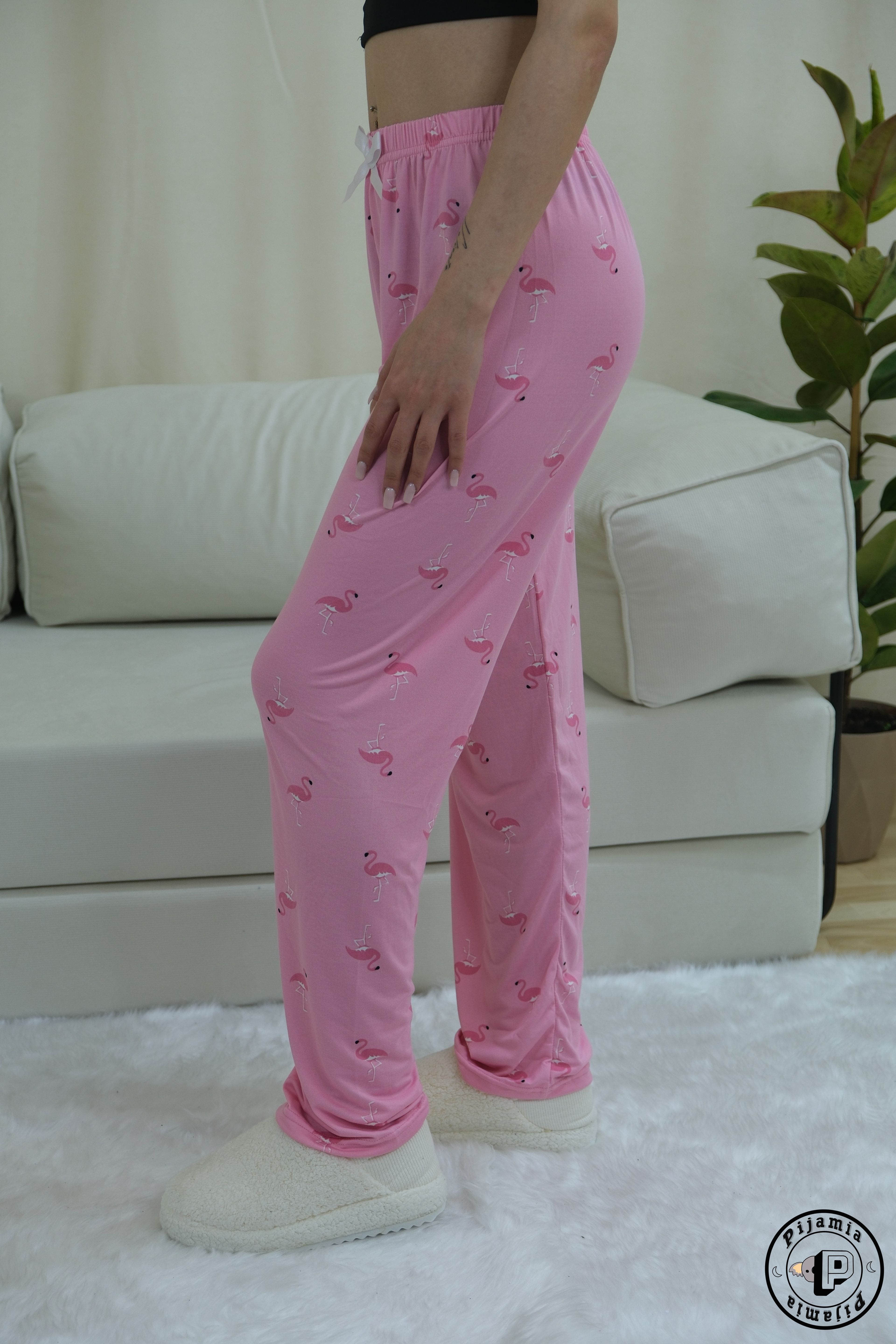 PEMBE PELİKAN DESENLİ UZUN KADIN PİJAMA ALTI