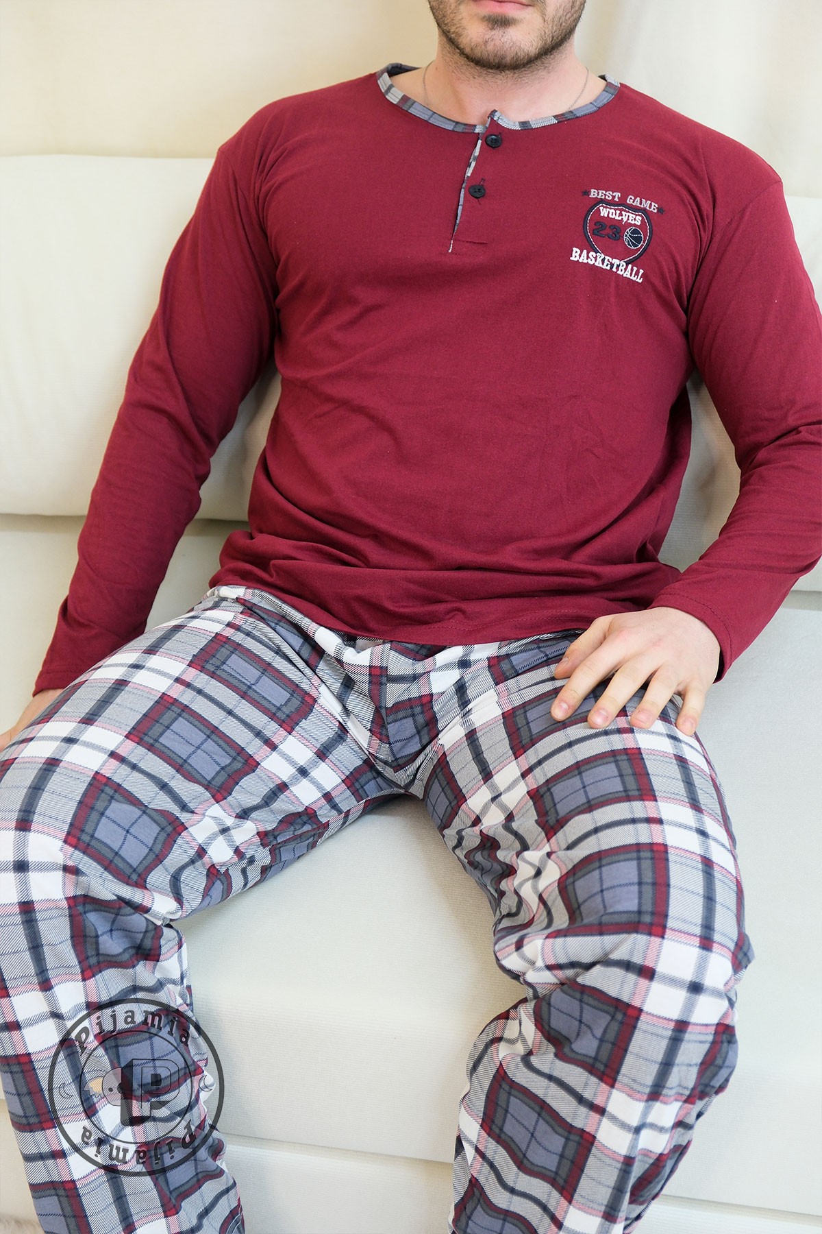 BORDO EKOSE DESENLİ DÜĞMELİ UZUN KOL ERKEK PİJAMA TAKIMI