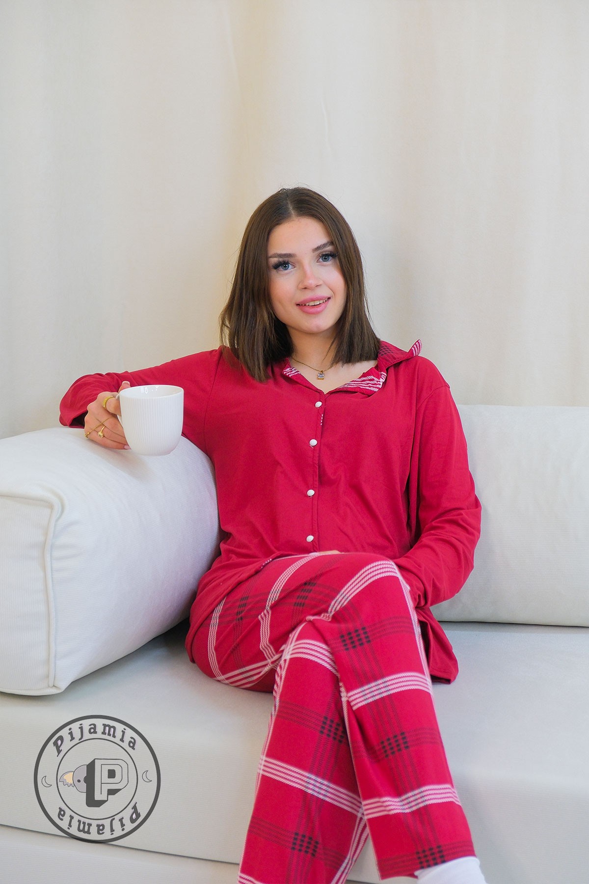 FUŞYA EKOSE DESENLİ DÜĞMELİ UZUN KOL KADIN PİJAMA TAKIMI