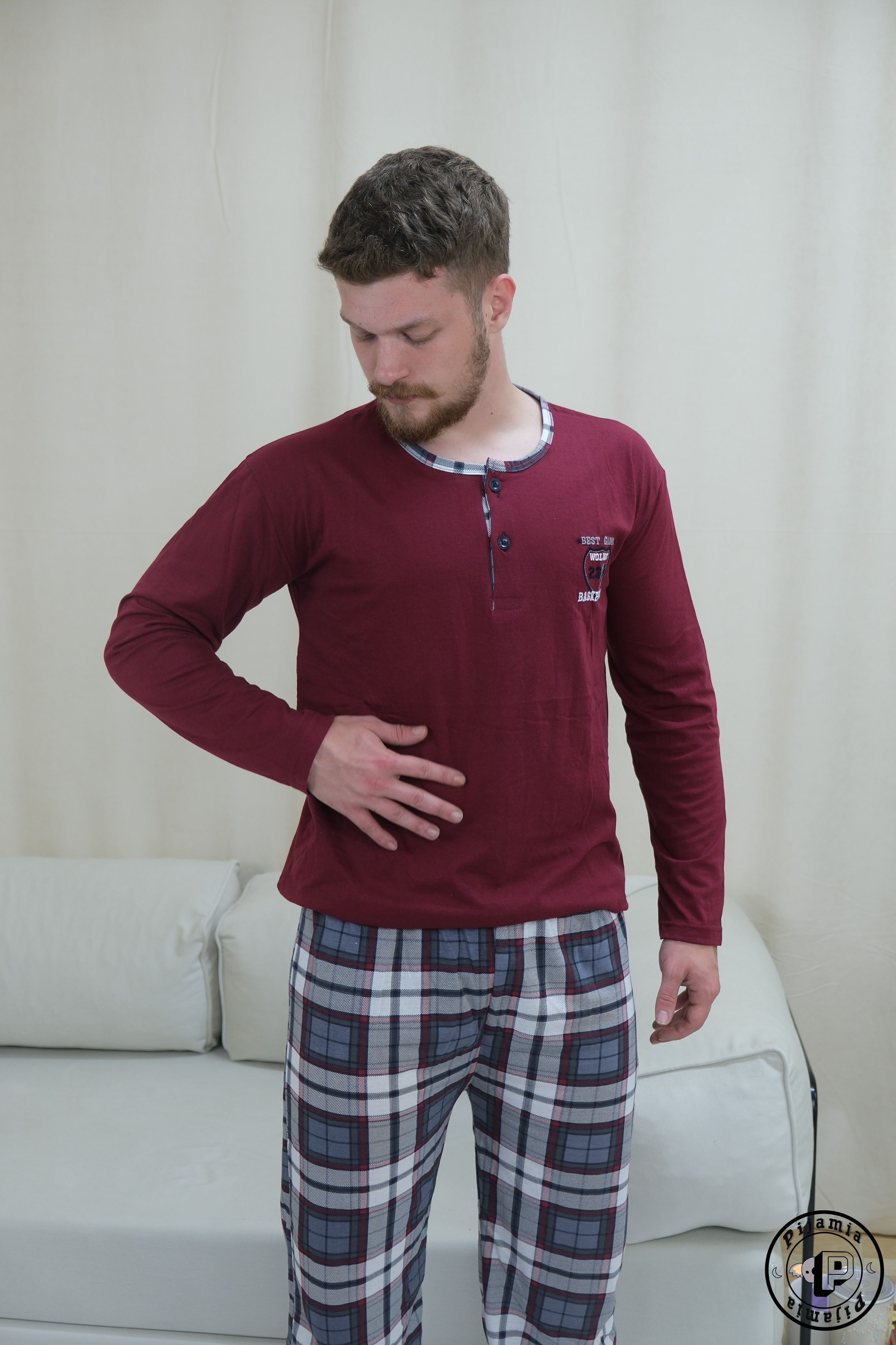 BORDO EKOSE DESENLİ DÜĞMELİ UZUN KOL ERKEK PİJAMA TAKIMI