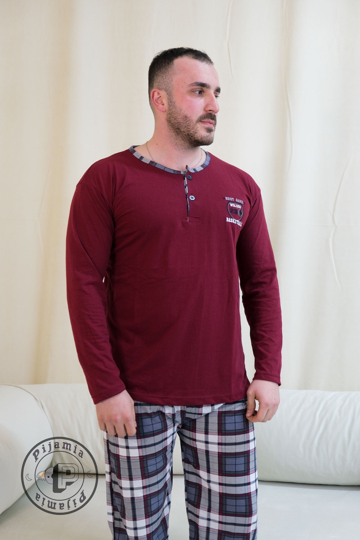 BORDO EKOSE DESENLİ DÜĞMELİ UZUN KOL ERKEK PİJAMA TAKIMI