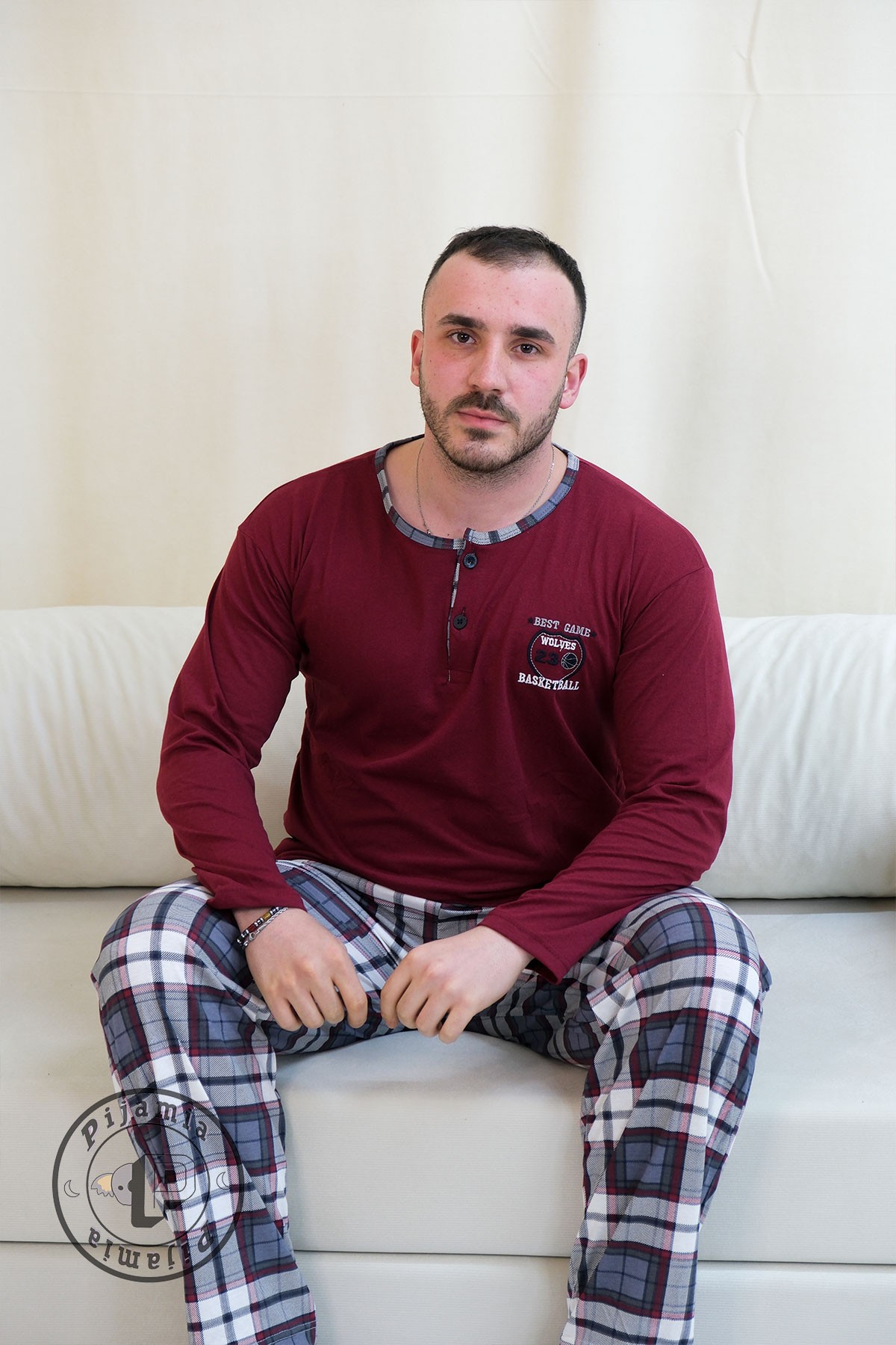 BORDO EKOSE DESENLİ DÜĞMELİ UZUN KOL ERKEK PİJAMA TAKIMI