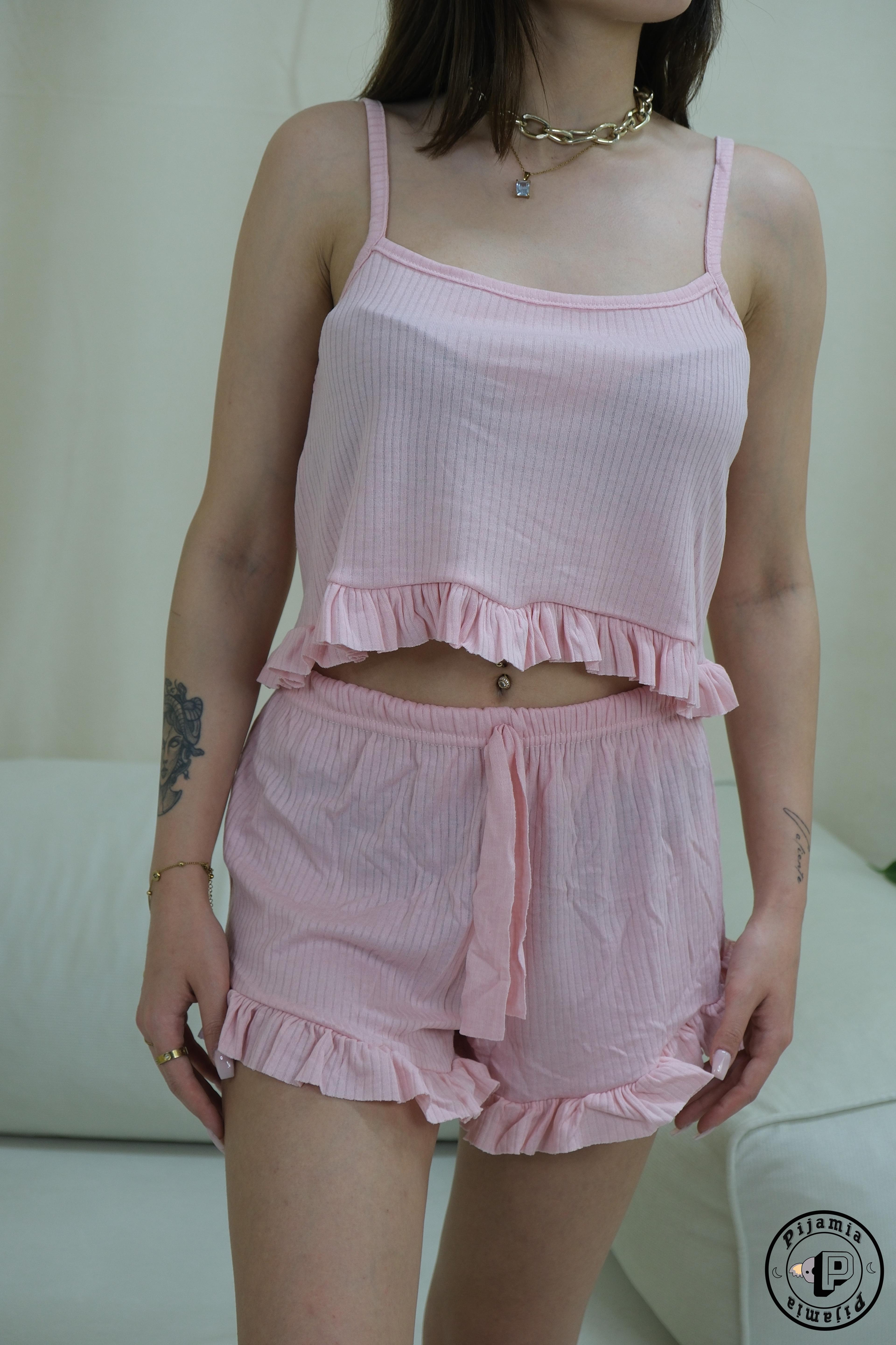 PEMBE ŞORTLU ASKILI CROP KADIN PİJAMA TAKIMI