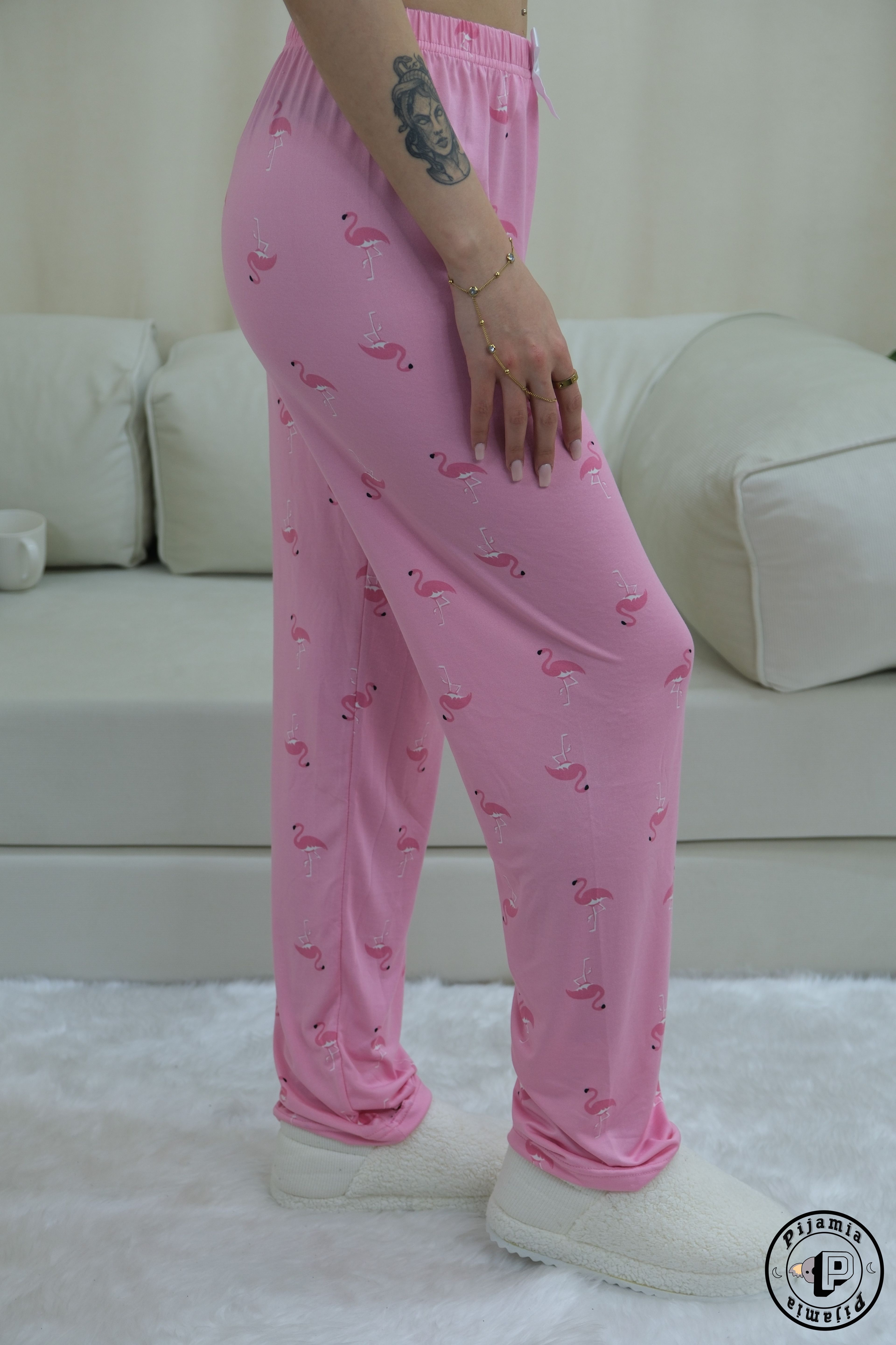 PEMBE PELİKAN DESENLİ UZUN KADIN PİJAMA ALTI