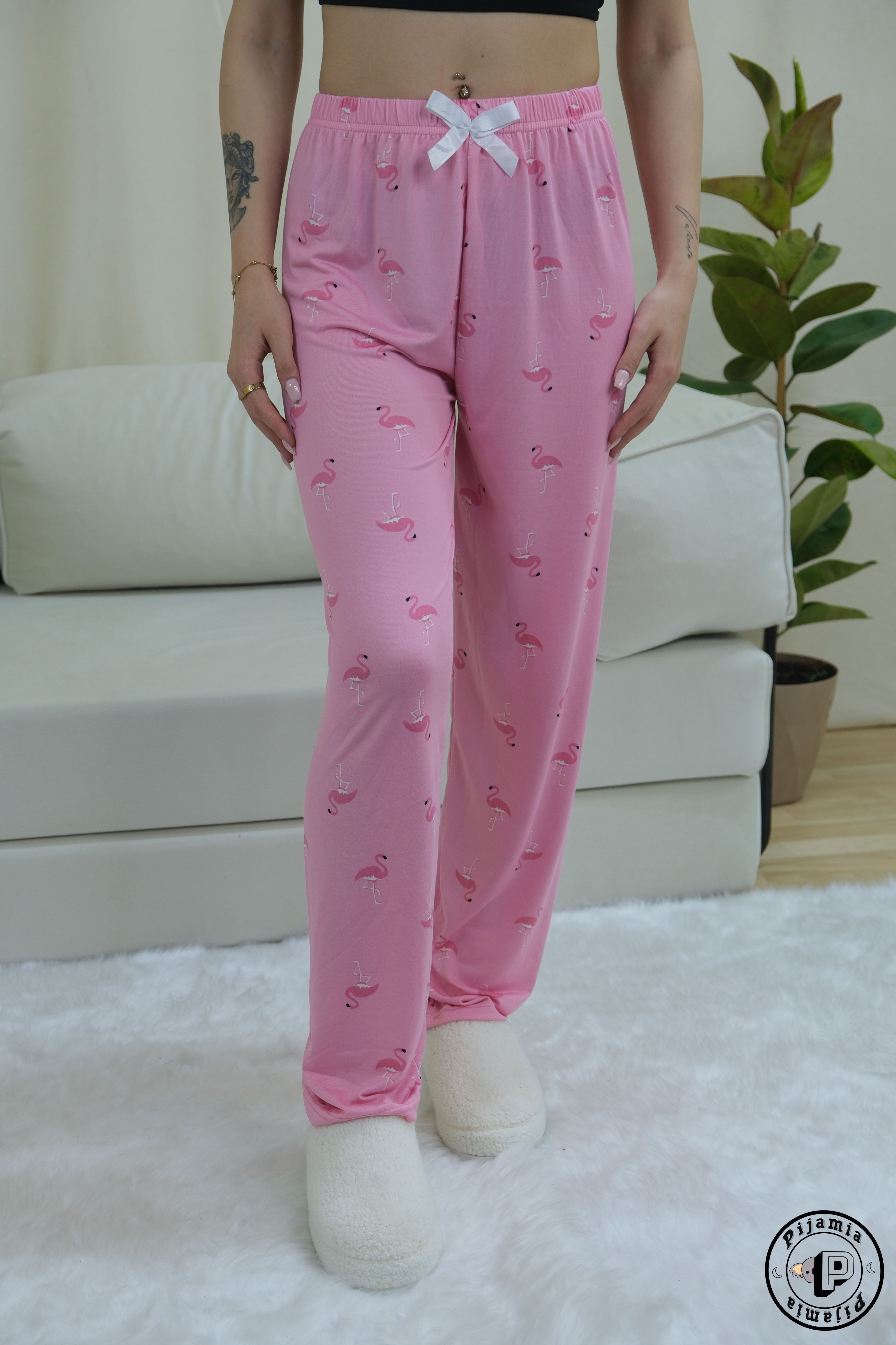 PEMBE PELİKAN DESENLİ UZUN KADIN PİJAMA ALTI