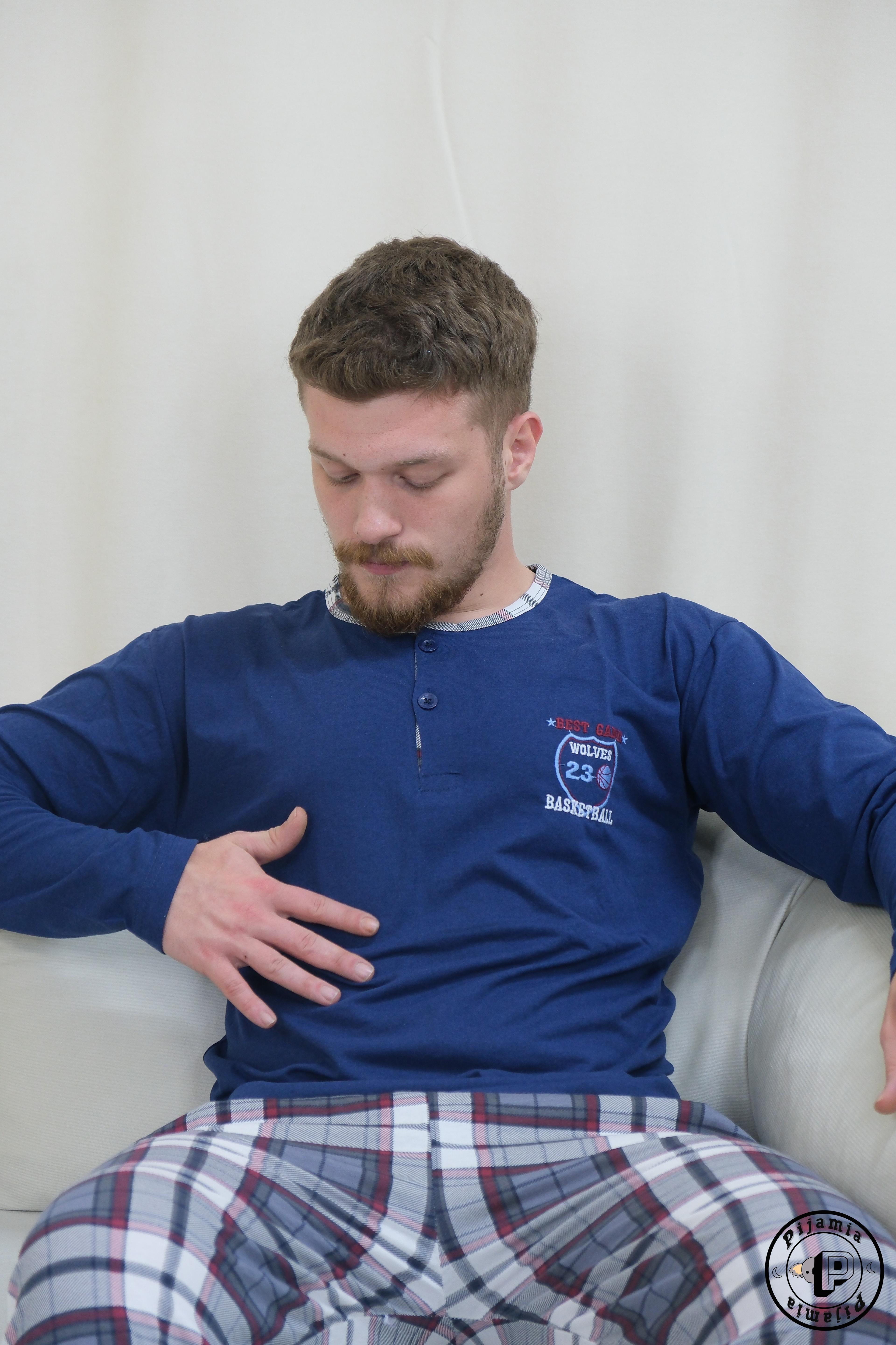 MAVİ EKOSE DESENLİ DÜĞMELİ UZUN KOL ERKEK PİJAMA TAKIMI