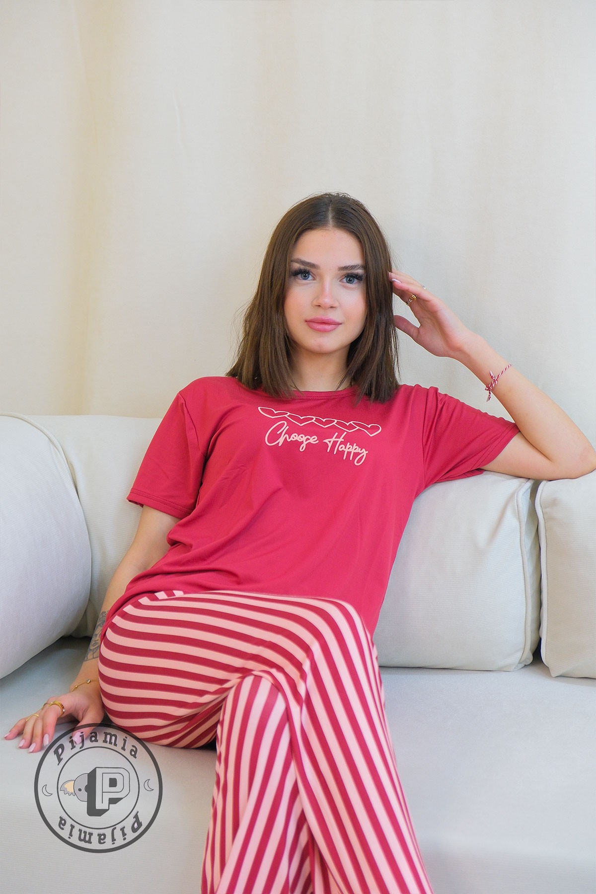 FUŞYA ÇİZGİ DESENLİ KISA KOL KADIN PİJAMA TAKIMI
