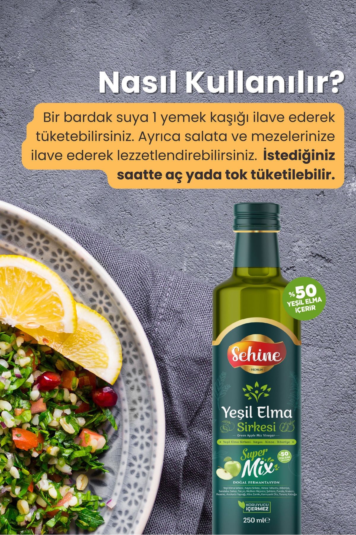Yeşil Elma Sirkesi, Doğal Fermantasyon, Süpermix, 250ml