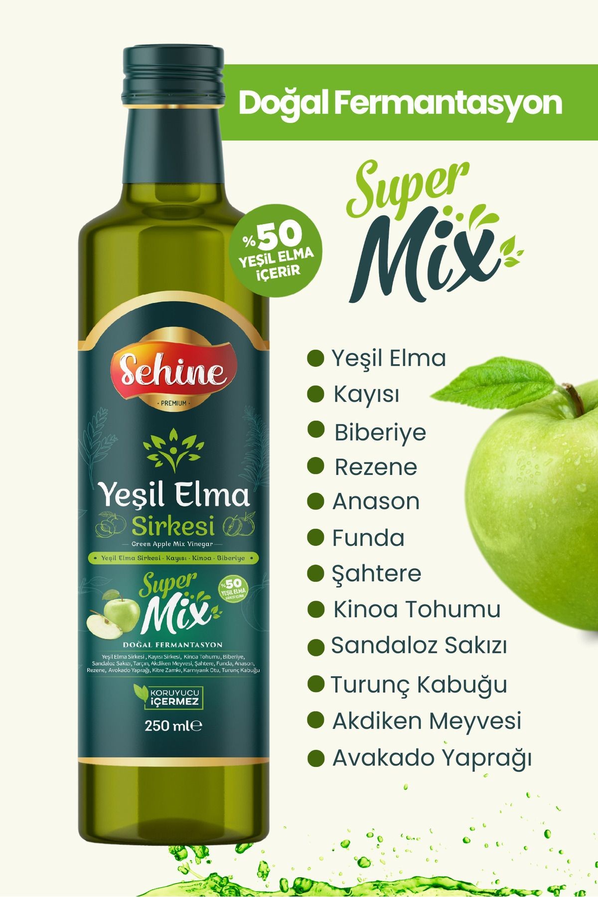 Yeşil Elma Sirkesi, Doğal Fermantasyon, Süpermix, 250ml