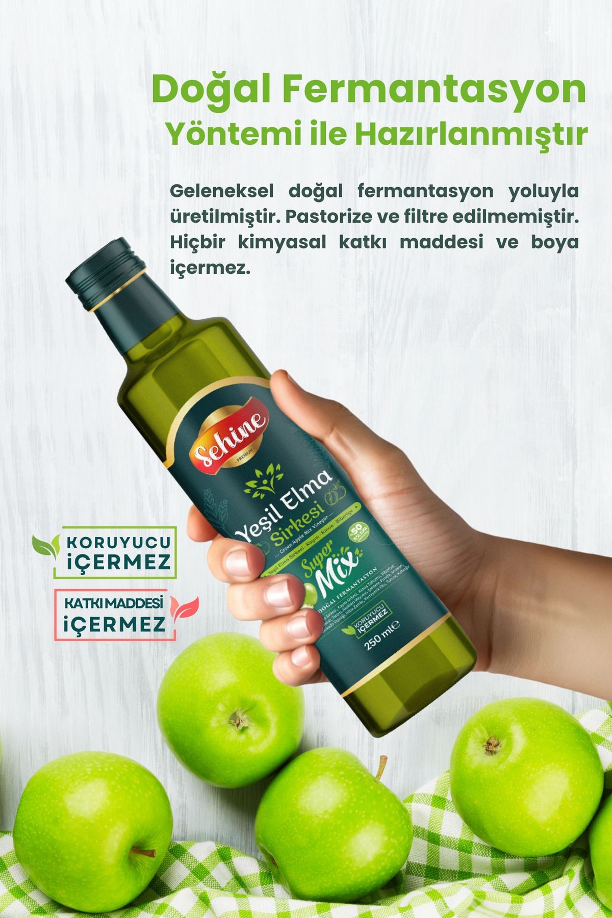 Yeşil Elma Sirkesi, Doğal Fermantasyon, Süpermix, 250ml