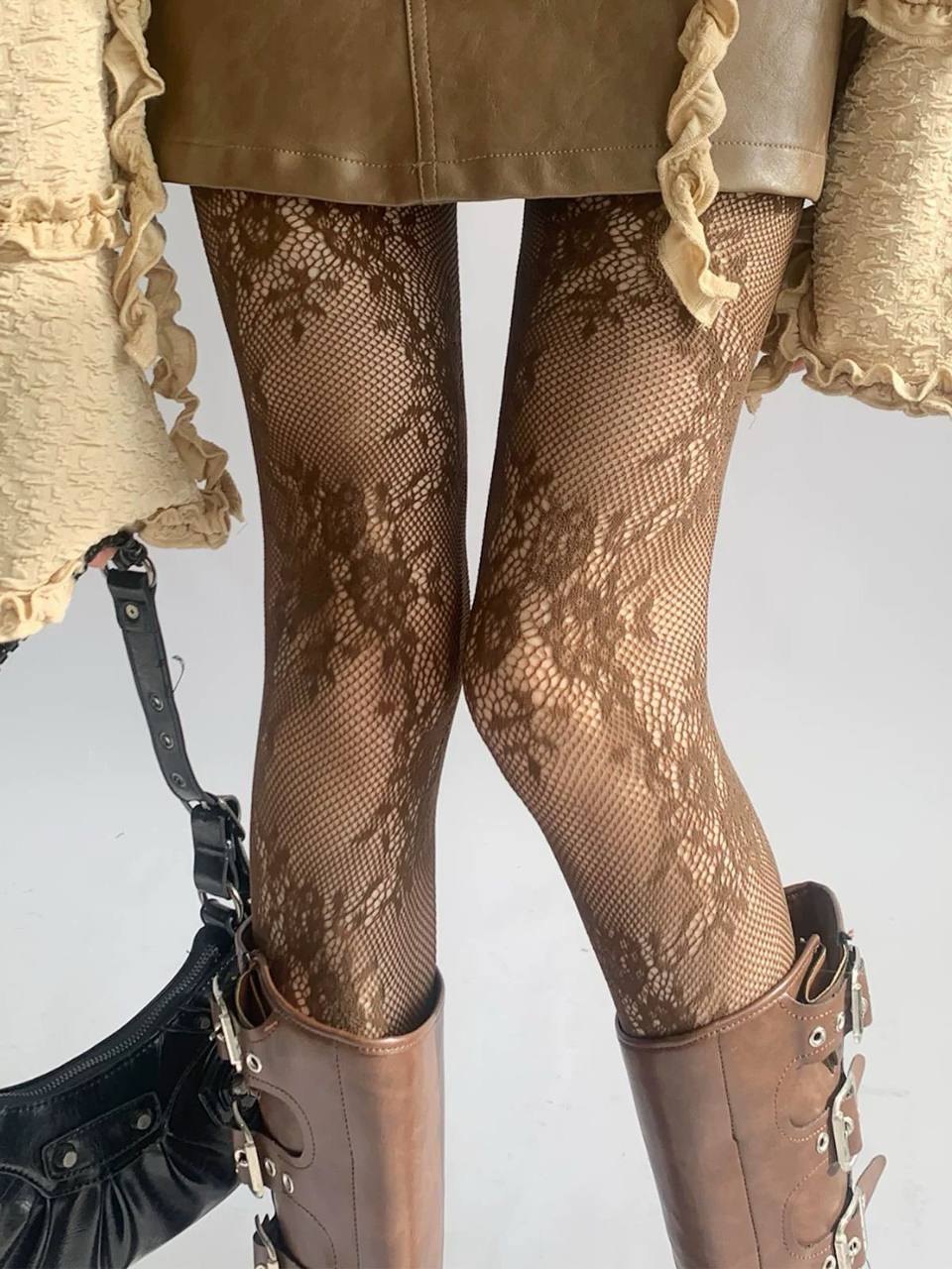 Taba Çiçek Desenli File Külotlu Çorap