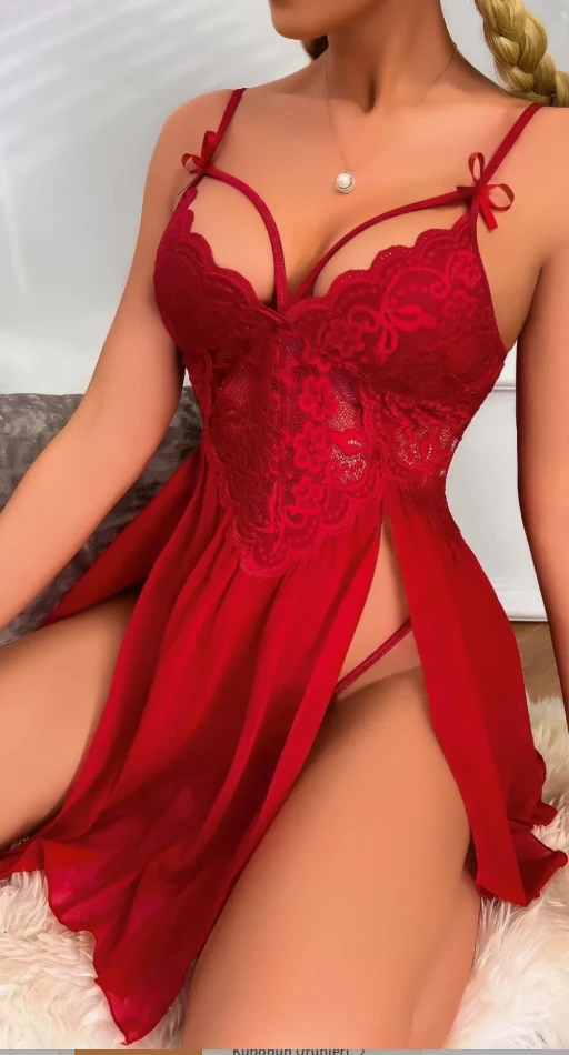 Bordo İki Yırtmaçlı Esnek Dantel Tangalı Tül Gecelik