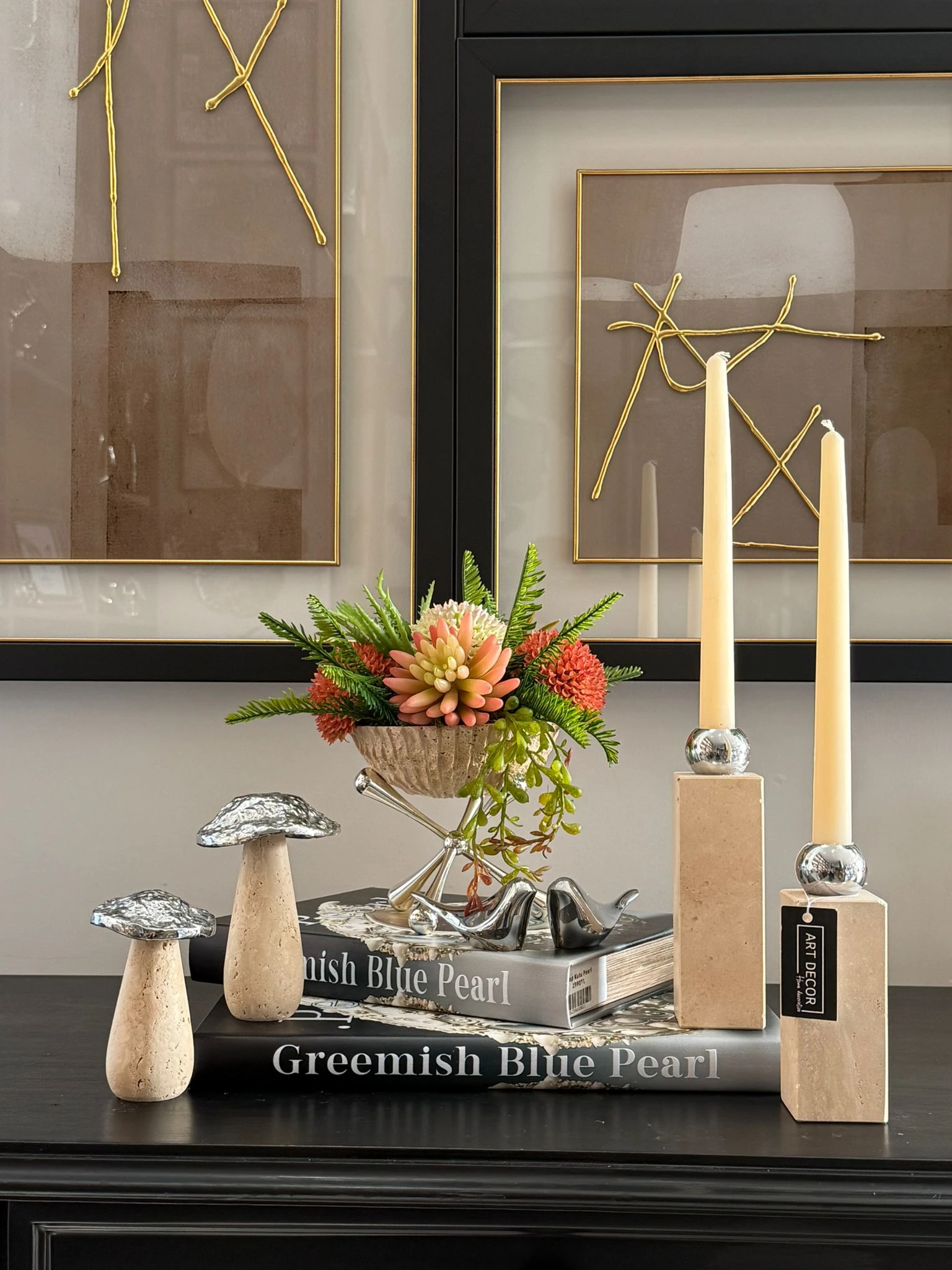 Traverten Kaideli Gümüş Prinç Dekorlu Mantar 2li 