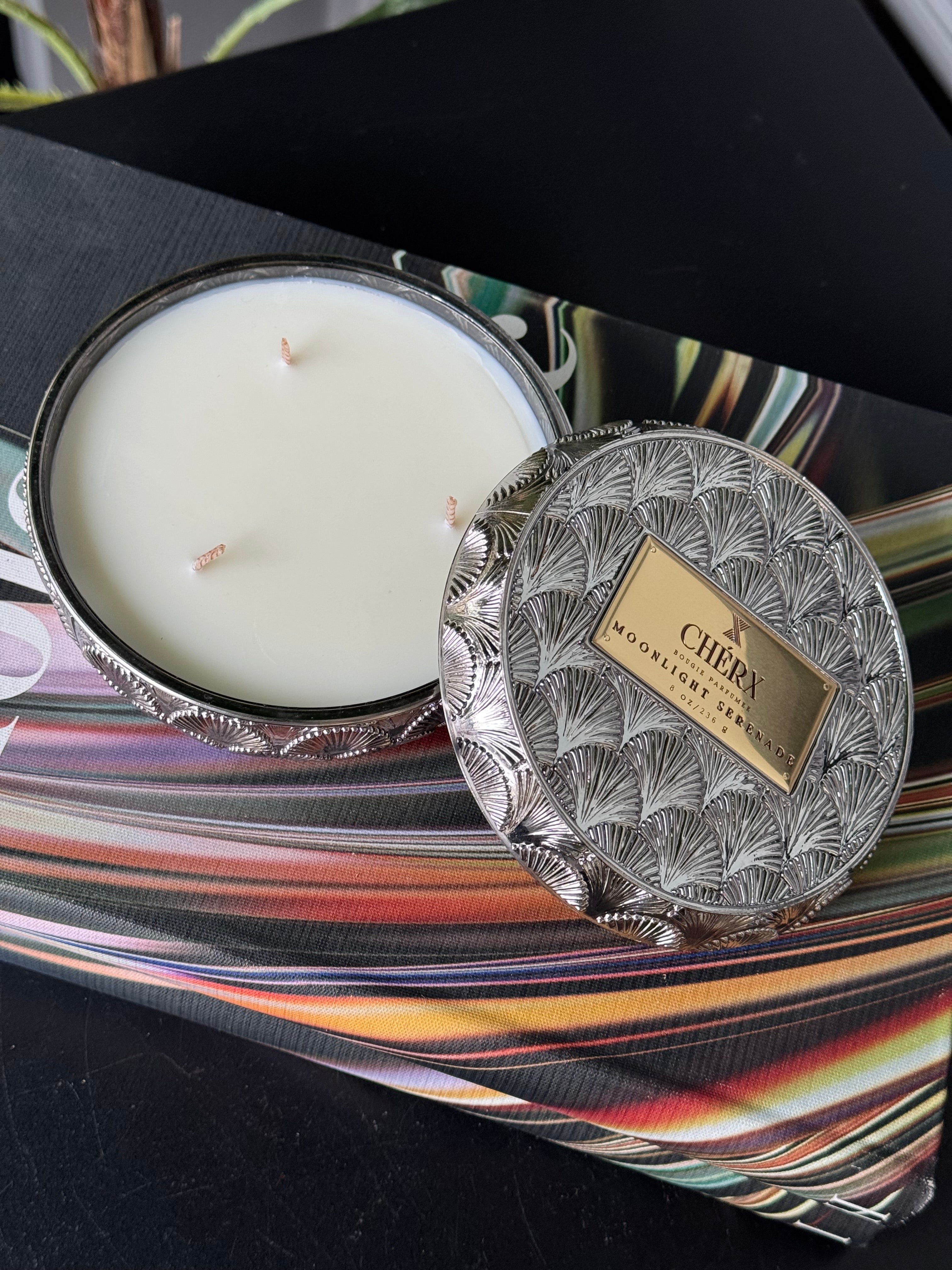 Kokulu Cherx Kabartmalı Cam Kase Mum Moonlight Serenade - Gümüş