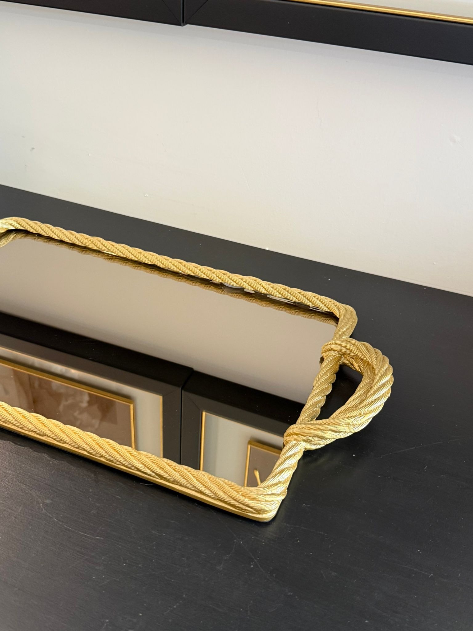 Gold Dikdörtgen Aynalı Halat Tepsi 