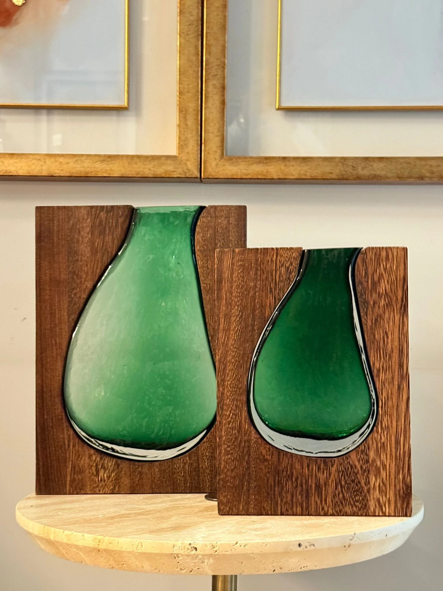 Ahşap Kaideli Yeşil Cam Vazo 2li 