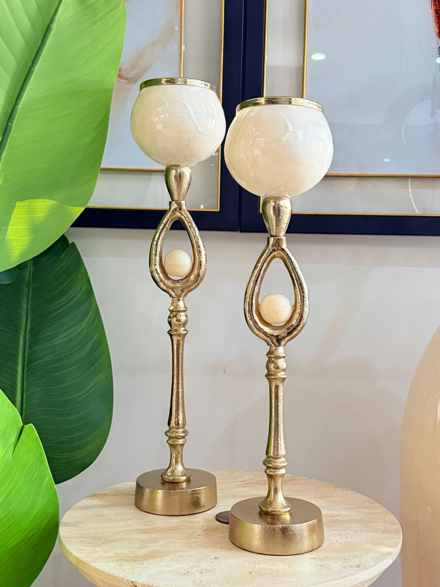 Krem Gold İnci Dekorlu Şamdan 2li