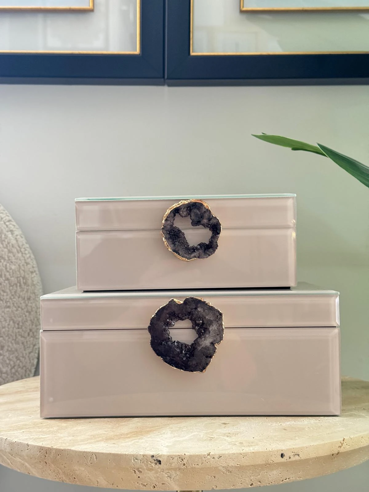 Doğal Taşlı Cam Kutu Krem 2li 