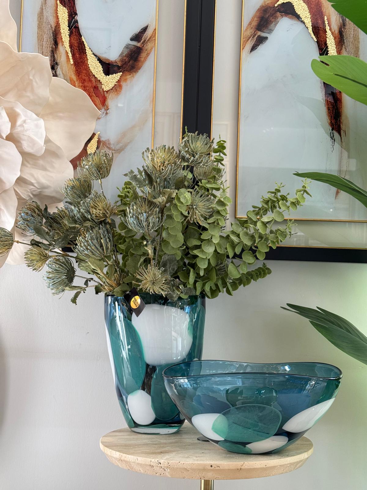 Mavi Yeşil Beyaz Cam Vazo 