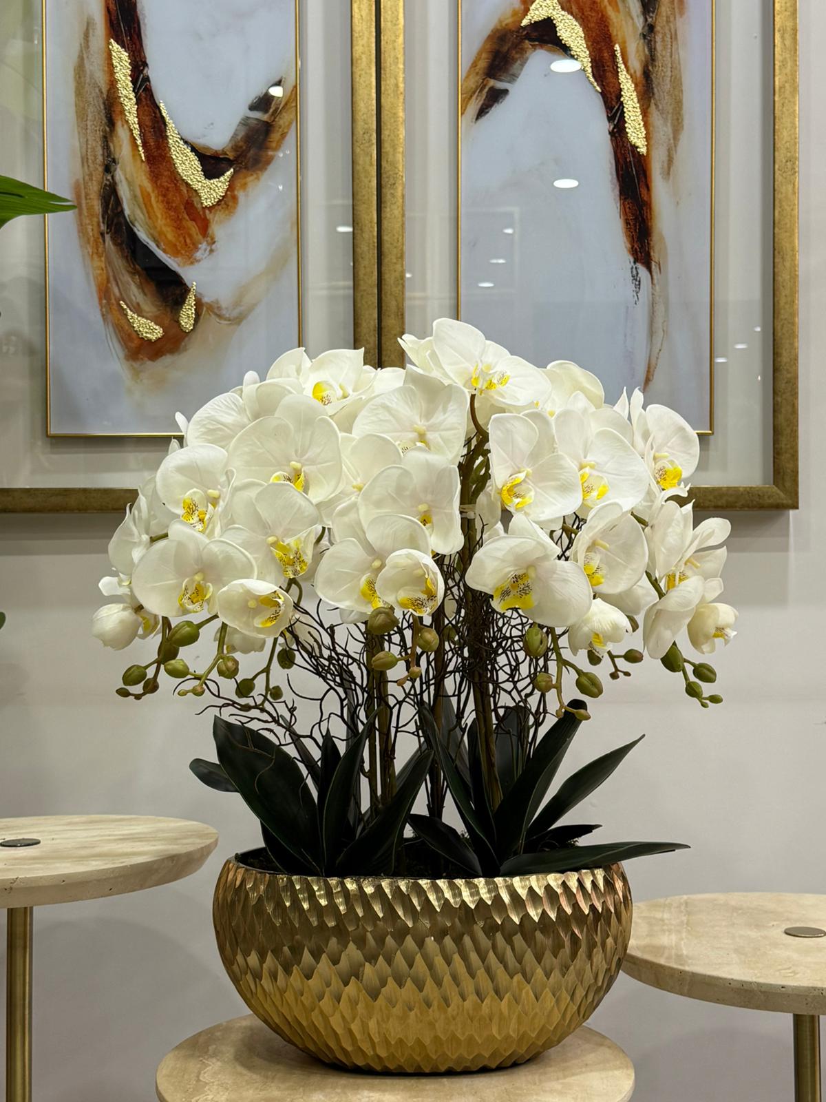 İthal Gold Döküm Vazoda 8 Dal Lüx Islak Orkide Arajmanı 