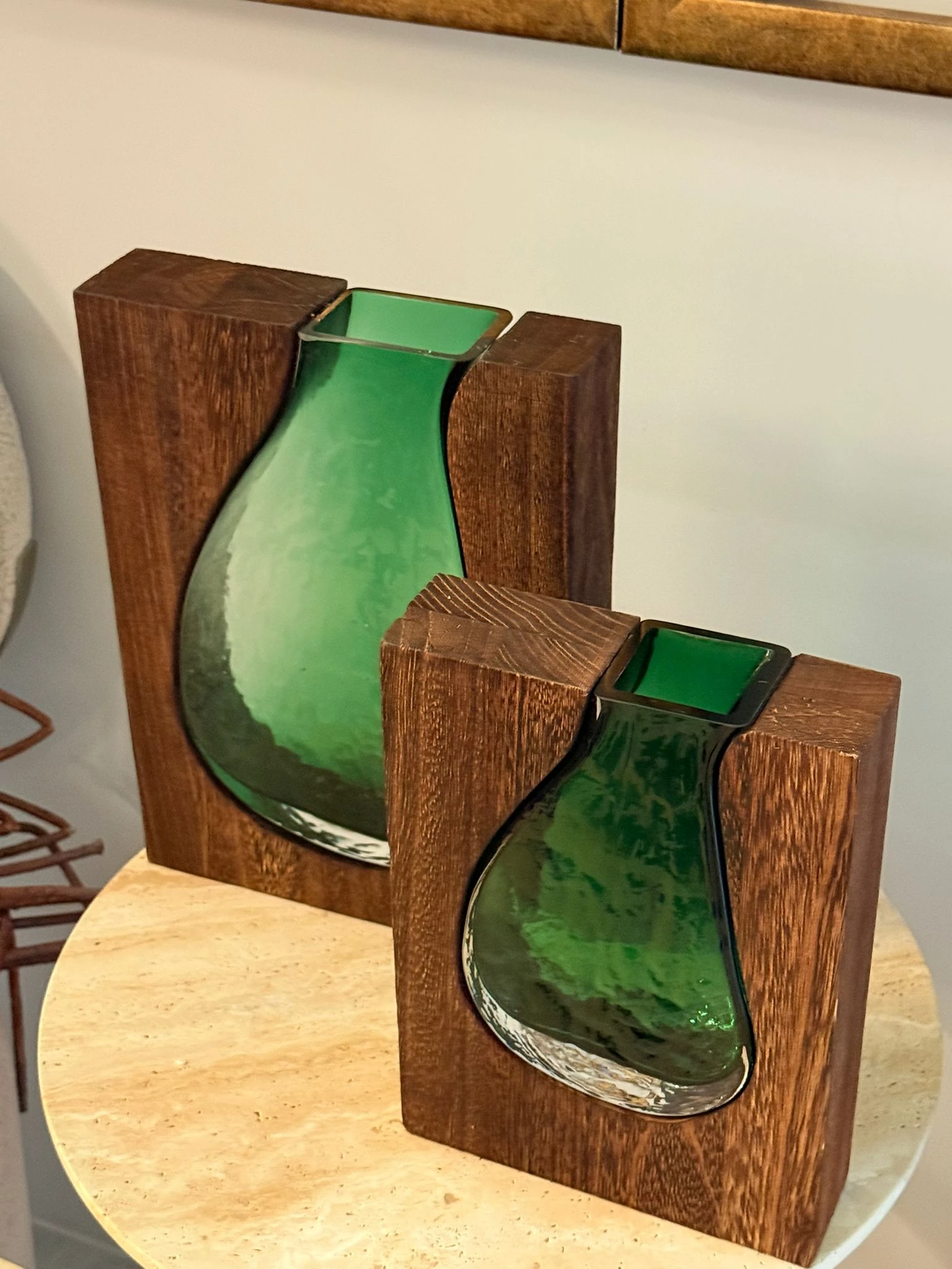 Ahşap Kaideli Yeşil Cam Vazo 2li 