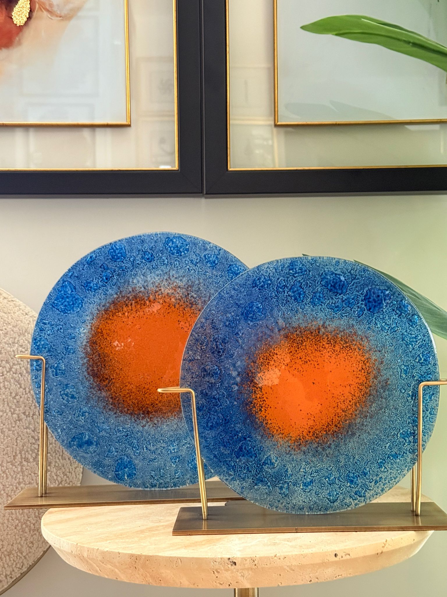 Metal Kaideli Mavi Turuncu Cam Disk 2li