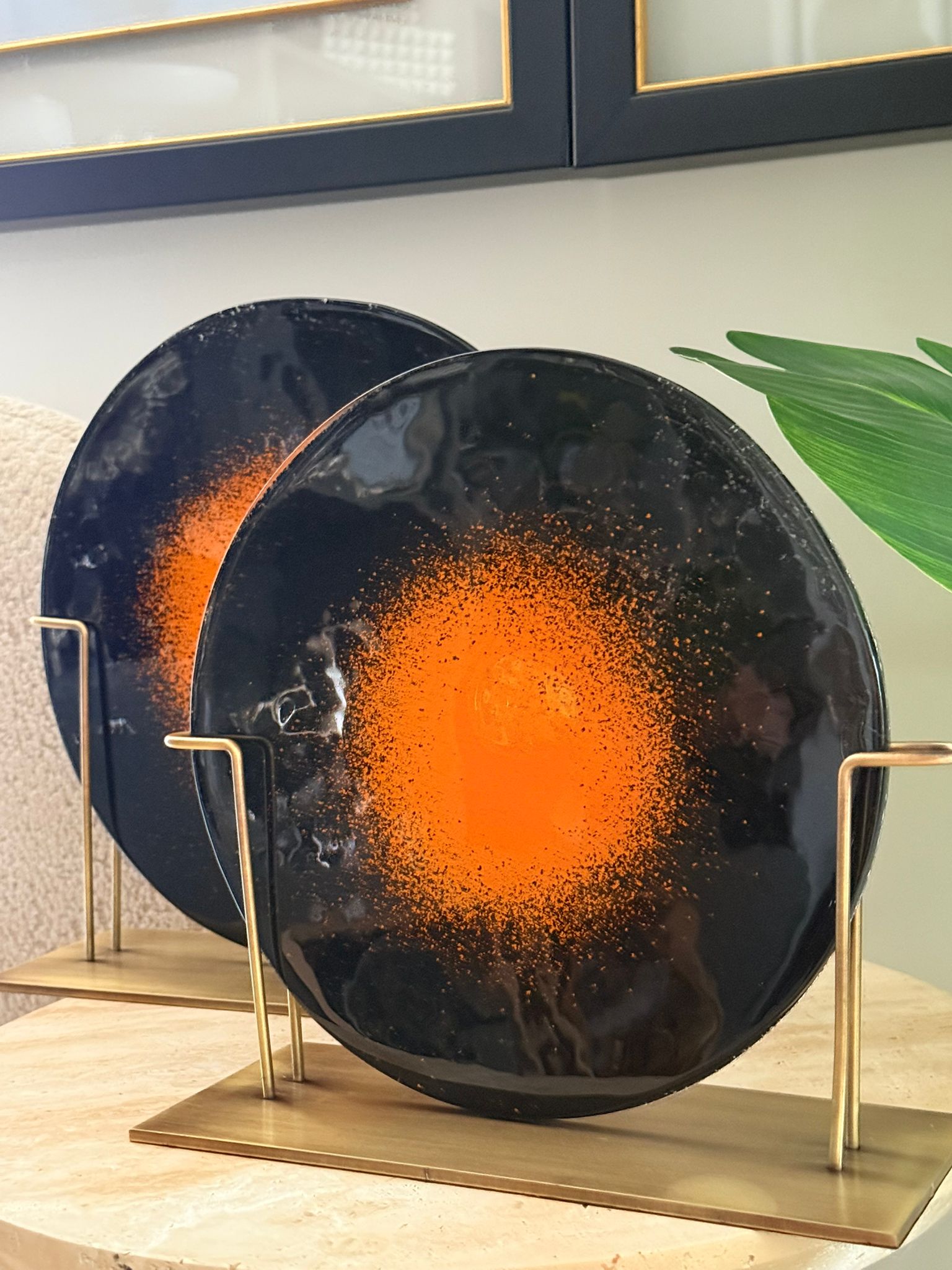 Metal Kaideli  Siyah Turuncu Cam Disk 2li