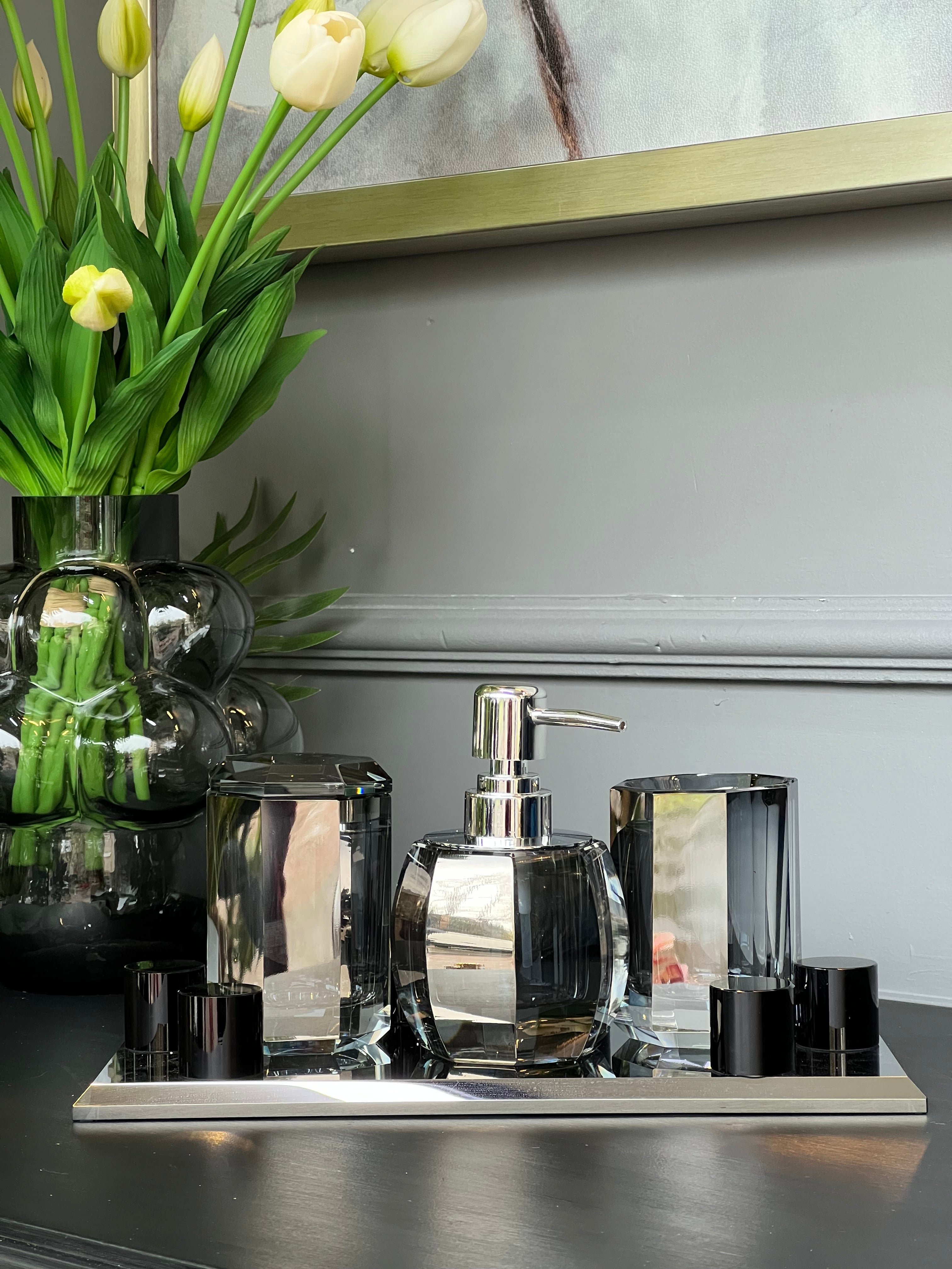 Lux Kristal Füme Gümüş  Banyo Takımı 4 Parça