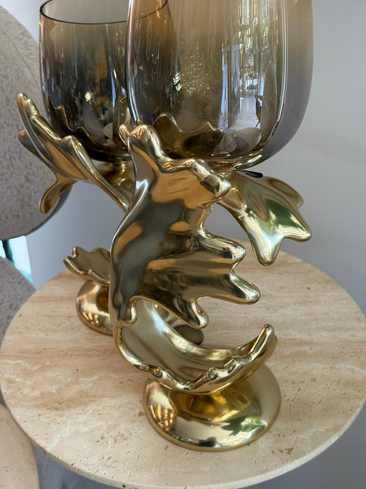 Gold Dalga Tasarımlı Amber Cam Mumluk 2li 