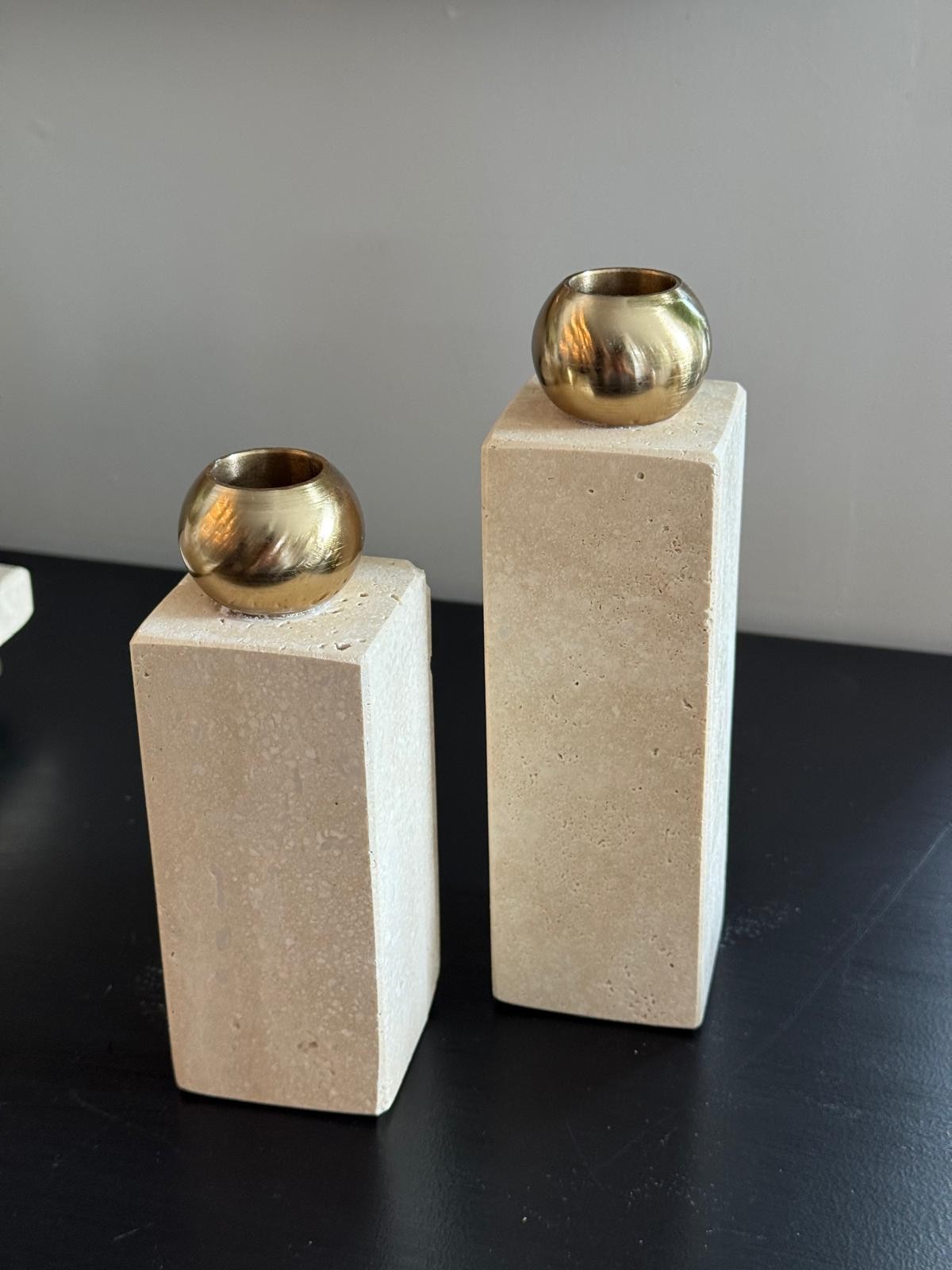 Traverten Antik Gold Kafalı Şamdan 2li