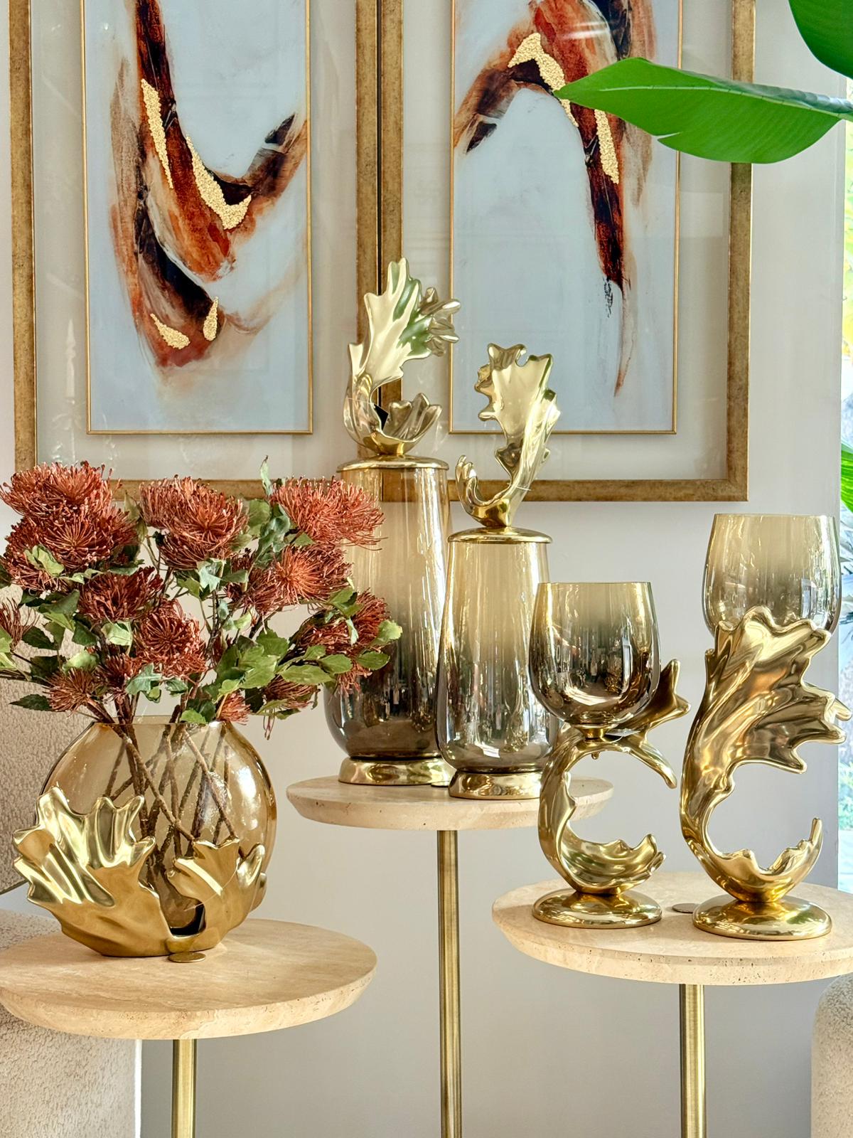 Gold Dalga Tasarımlı Amber Cam Mumluk 2li 