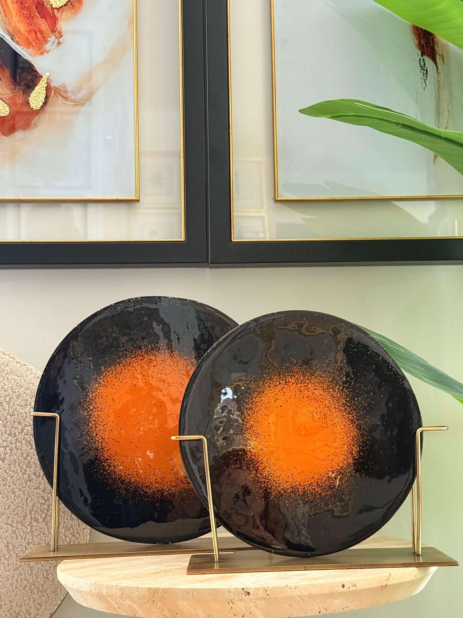 Metal Kaideli  Siyah Turuncu Cam Disk 2li