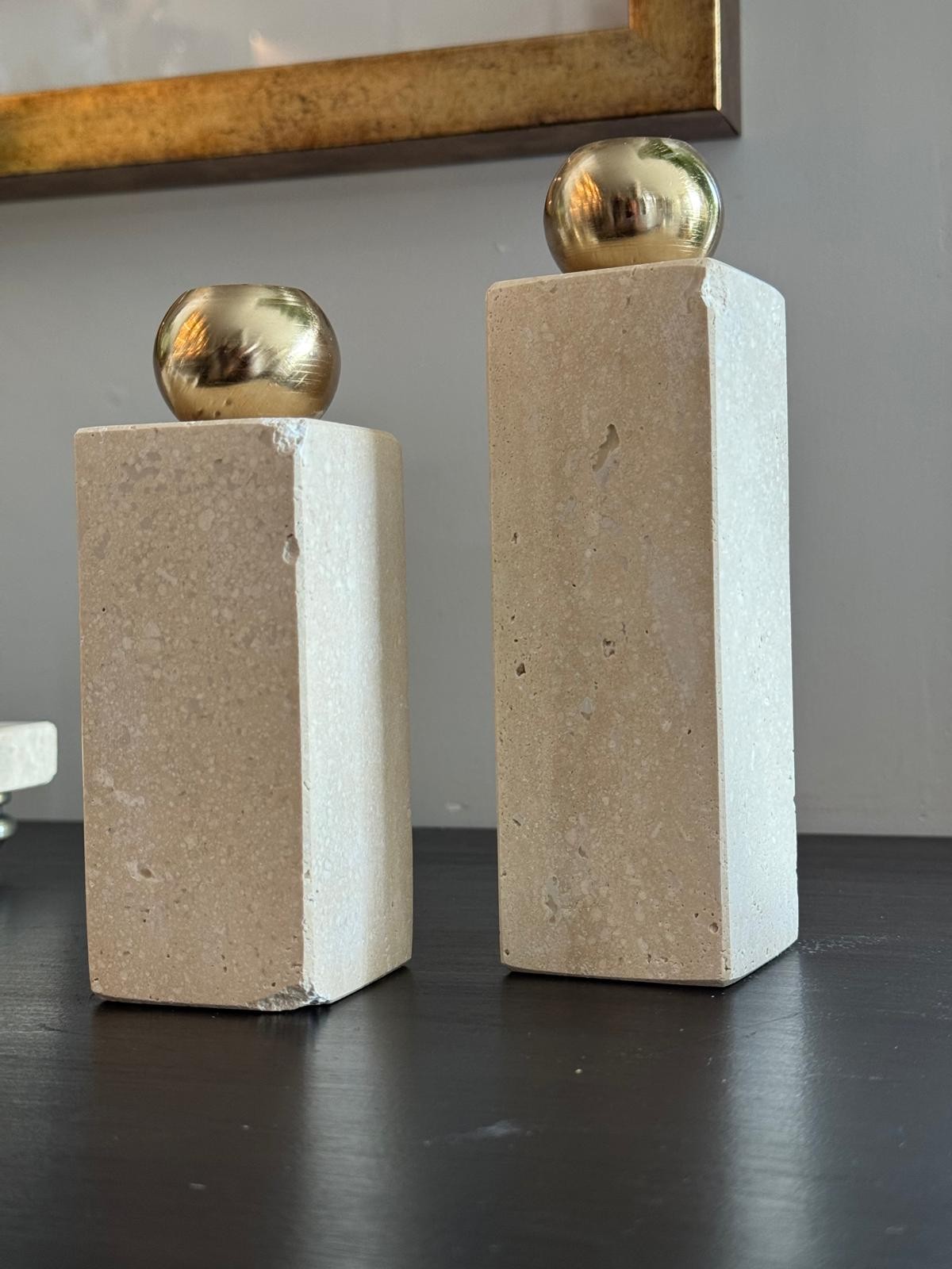Traverten Antik Gold Kafalı Şamdan 2li