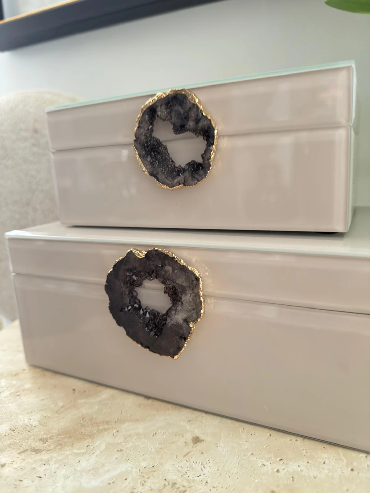 Doğal Taşlı Cam Kutu Krem 2li 