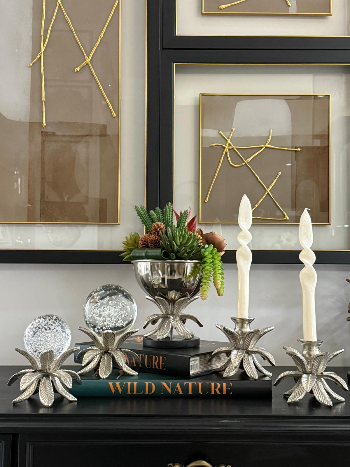 Döküm Gümüş Çiçek Ayaklı Mumluk 2li 