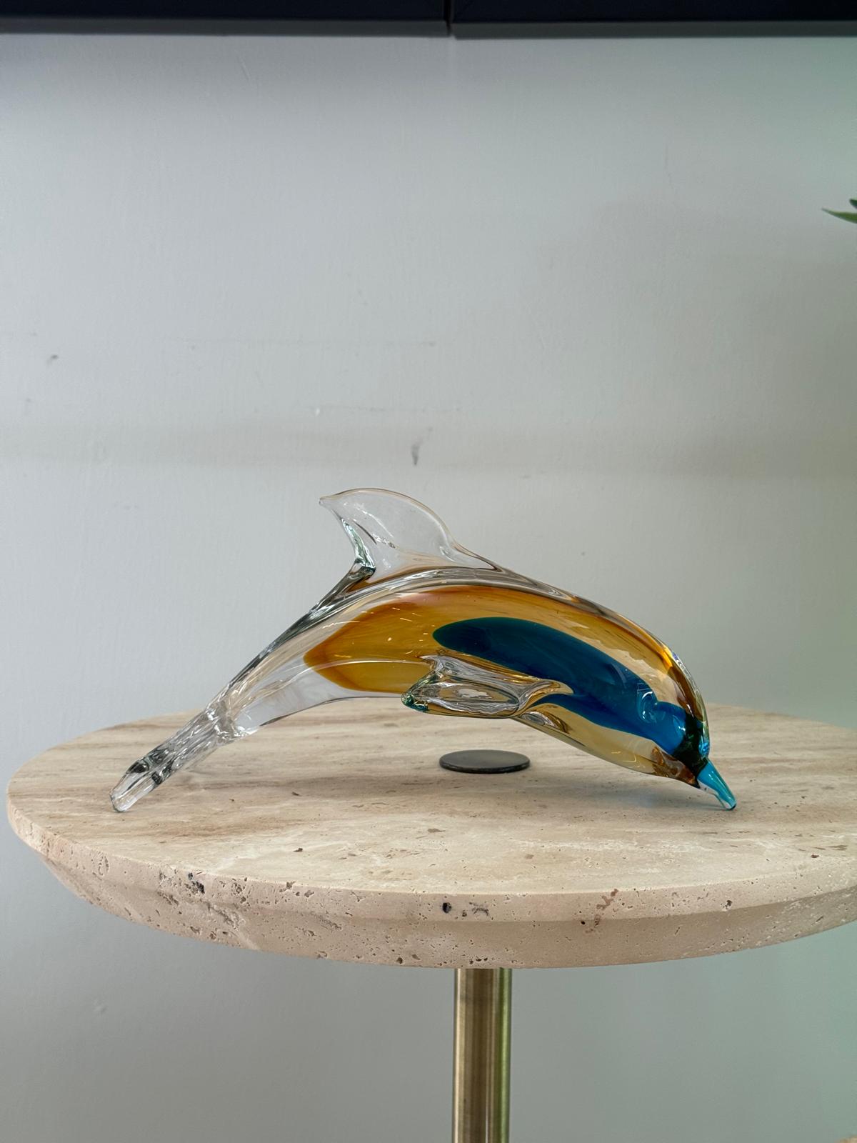 Amber Turkuaz Mavi Cam Yunus Dekoratif Obje