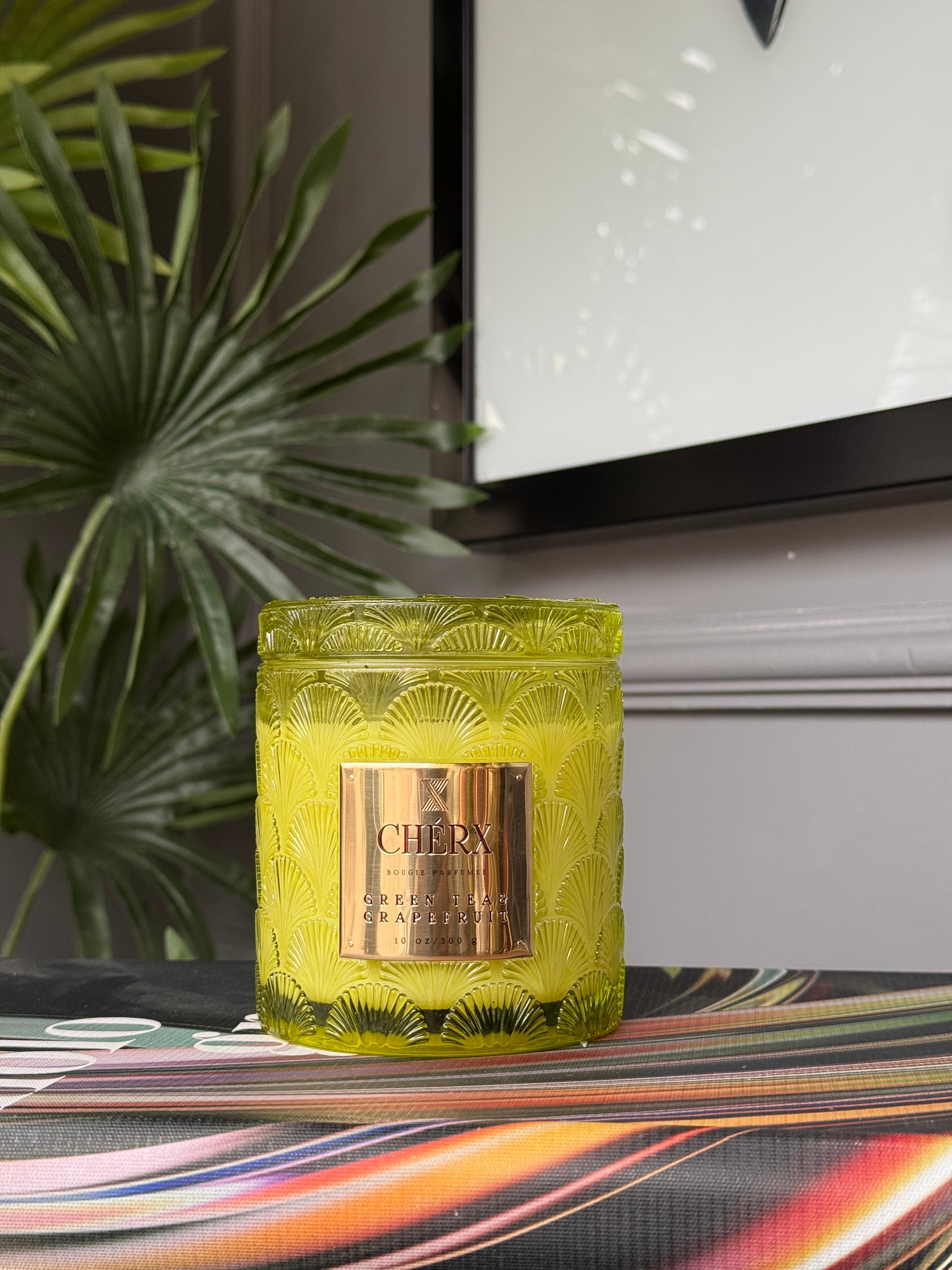Kokulu Cherx Kabartmalı Cam Kavanoz Mum Green Tea - Fıstık Yeşili