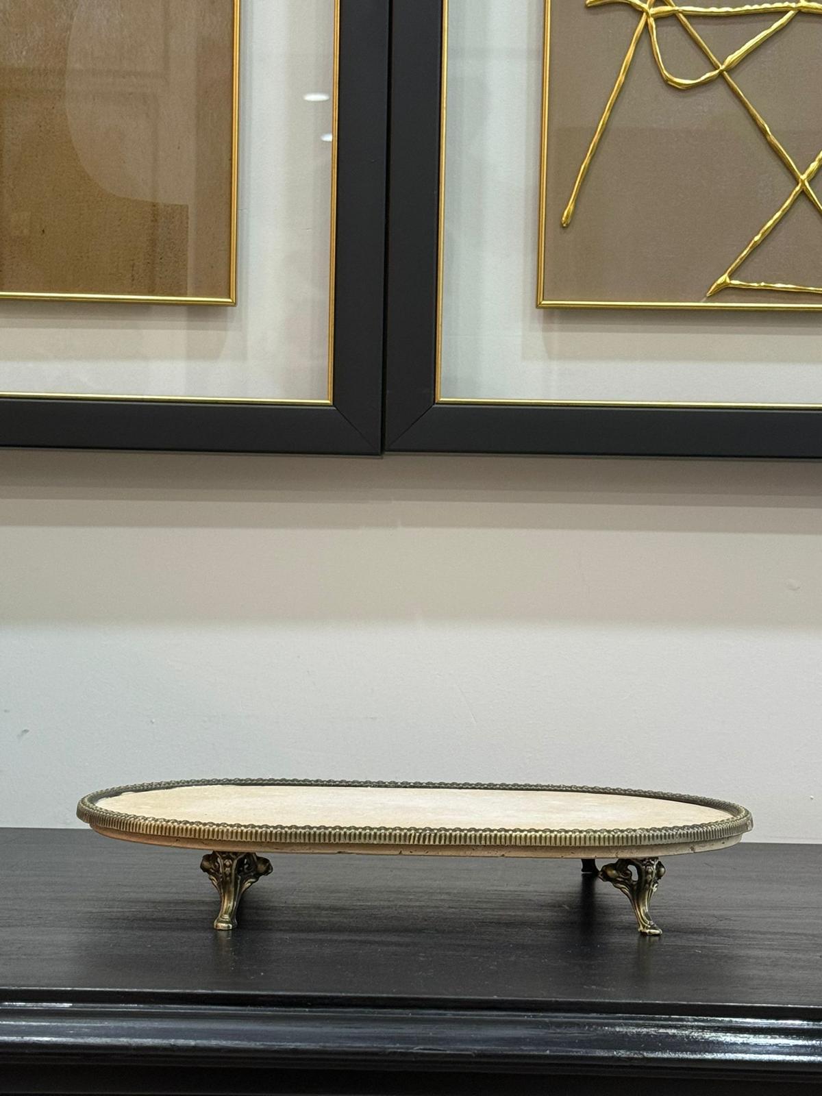 Traverten Oval Eskitme Prinç Ayaklı Sunumluk