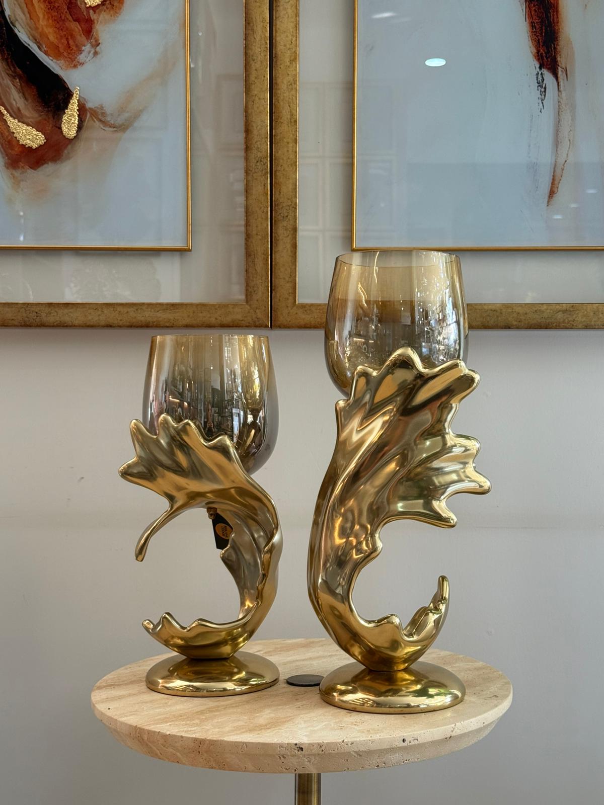 Gold Dalga Tasarımlı Amber Cam Mumluk 2li 