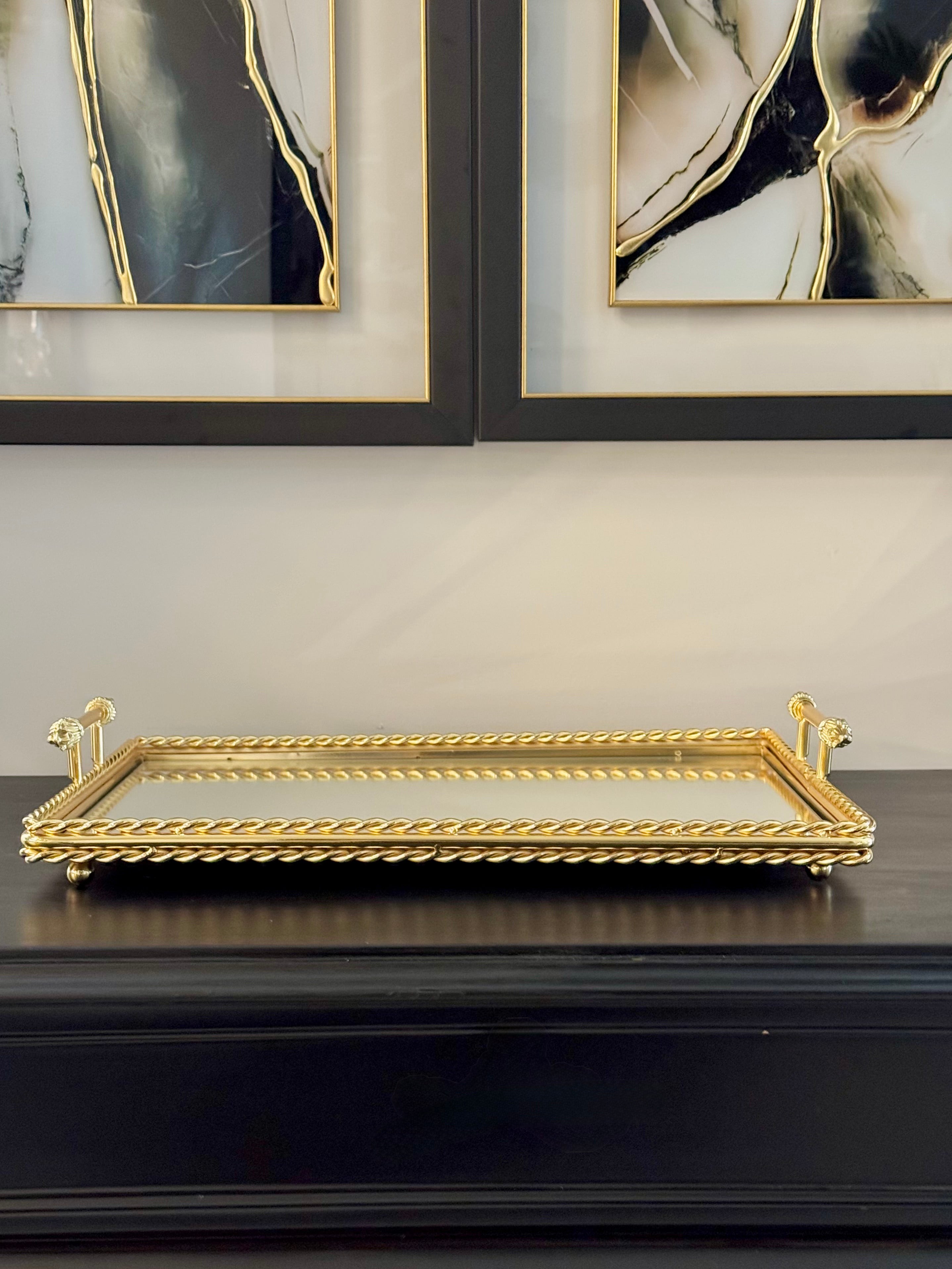 Dikdörtgen Gold 3 Katlı Kulplu Zincir Tepsi