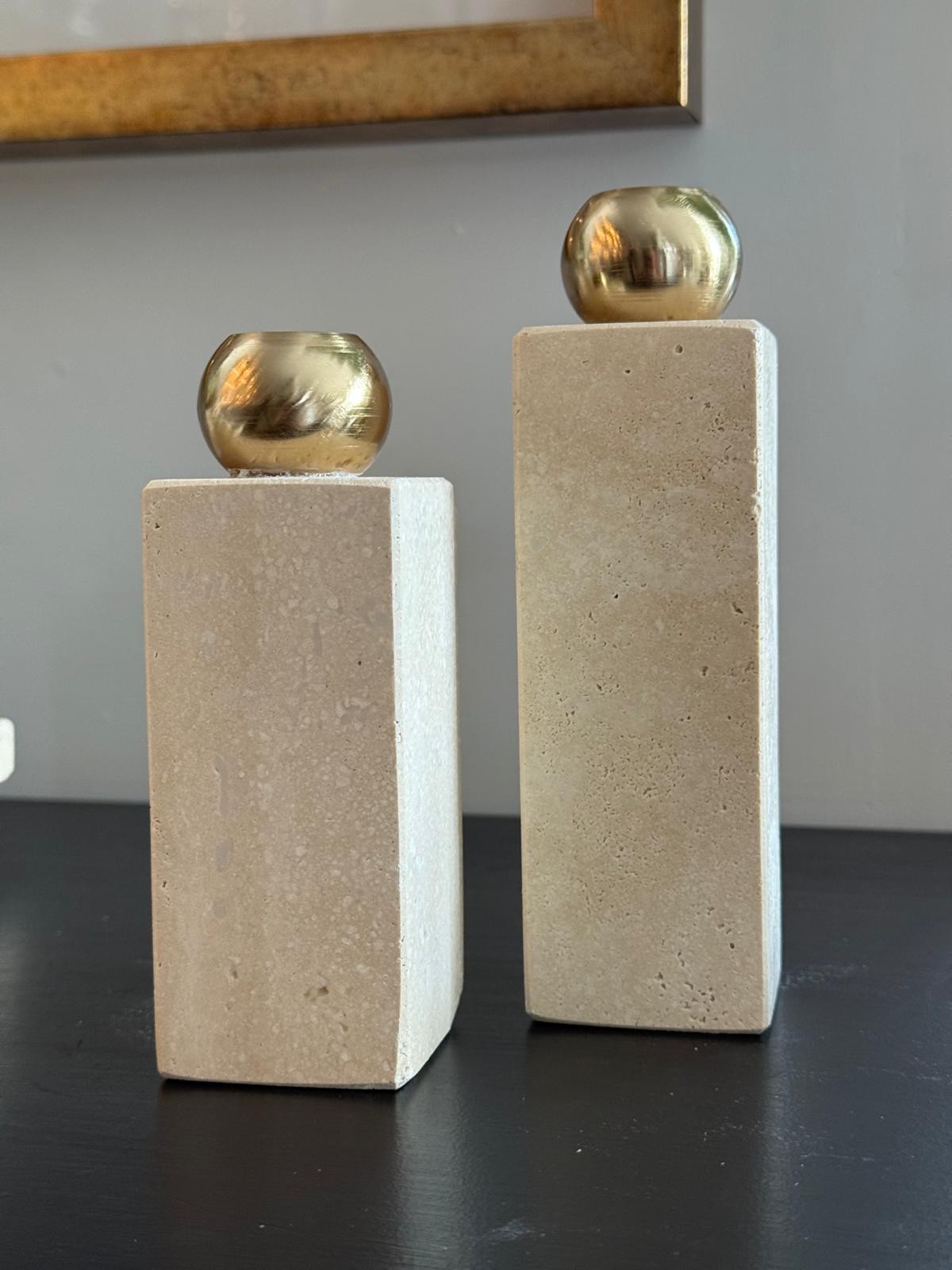 Traverten Antik Gold Kafalı Şamdan 2li