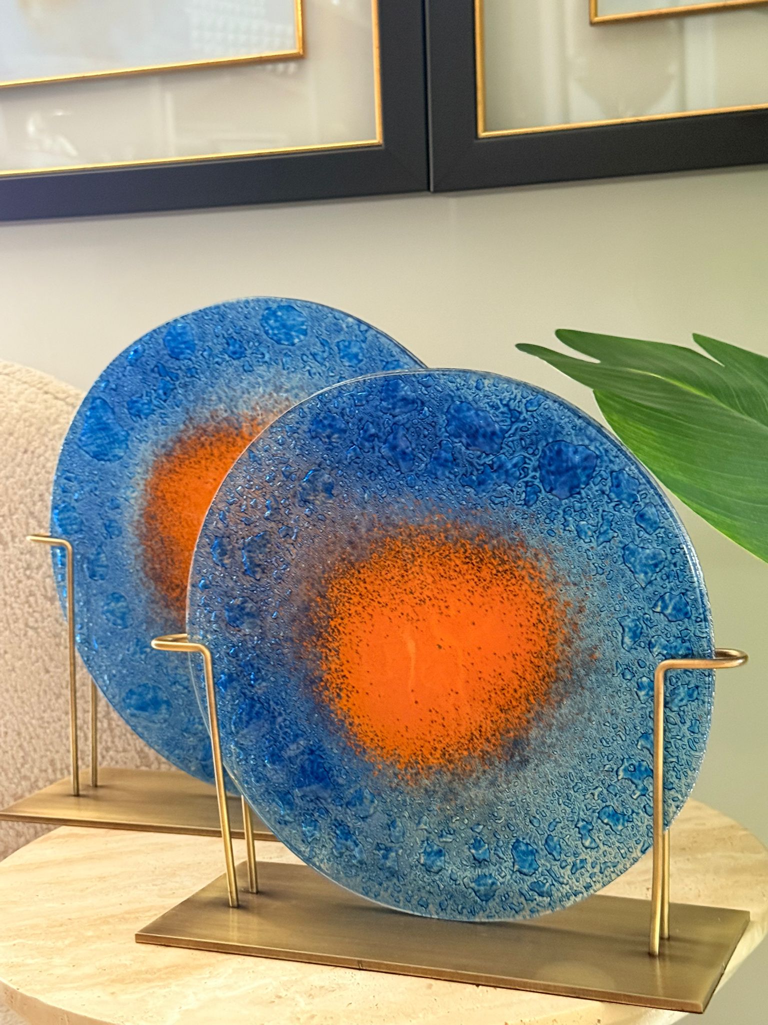 Metal Kaideli Mavi Turuncu Cam Disk 2li