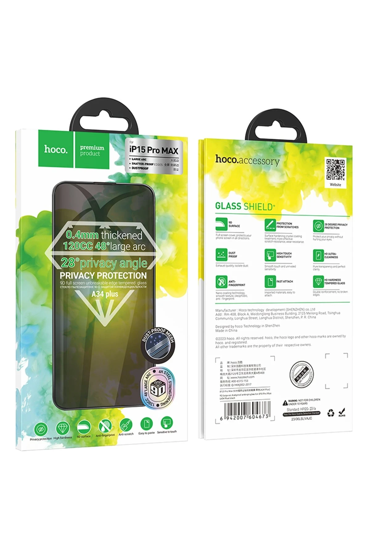 Hoco. iPhone 14 Pro Max 9D Dustproof Hayalet Cam Ekran Koruyucu - Siyah