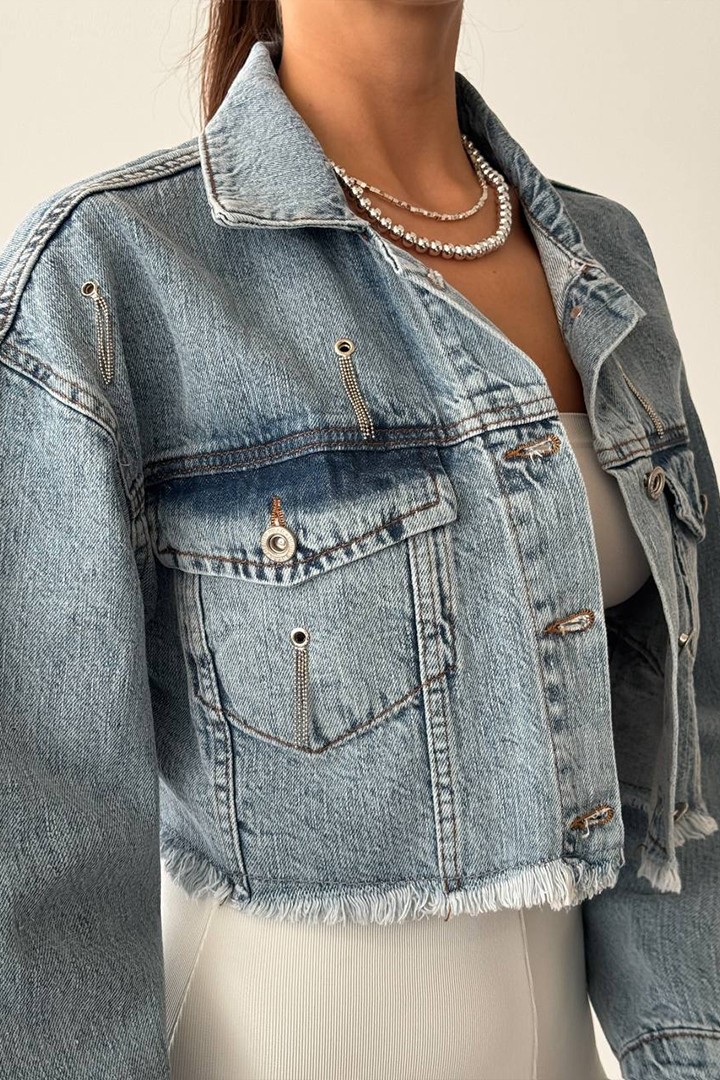 Kadın Zincir Detaylı Püsküllü Jean Crop Ceket