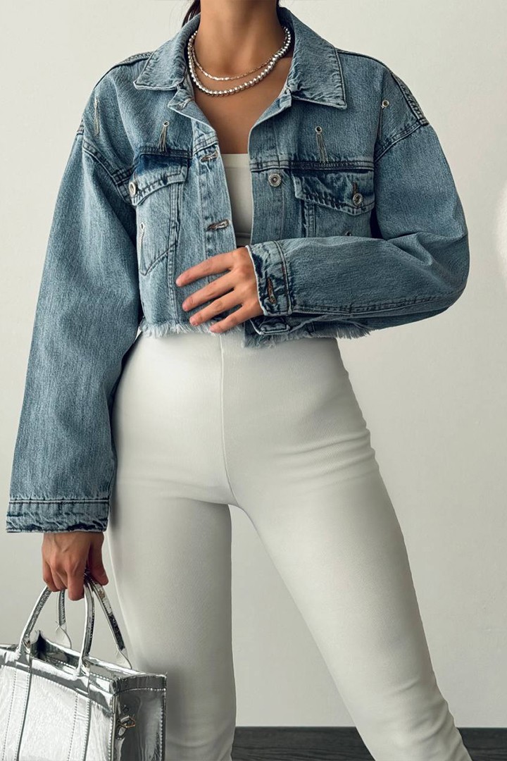 Kadın Zincir Detaylı Püsküllü Jean Crop Ceket